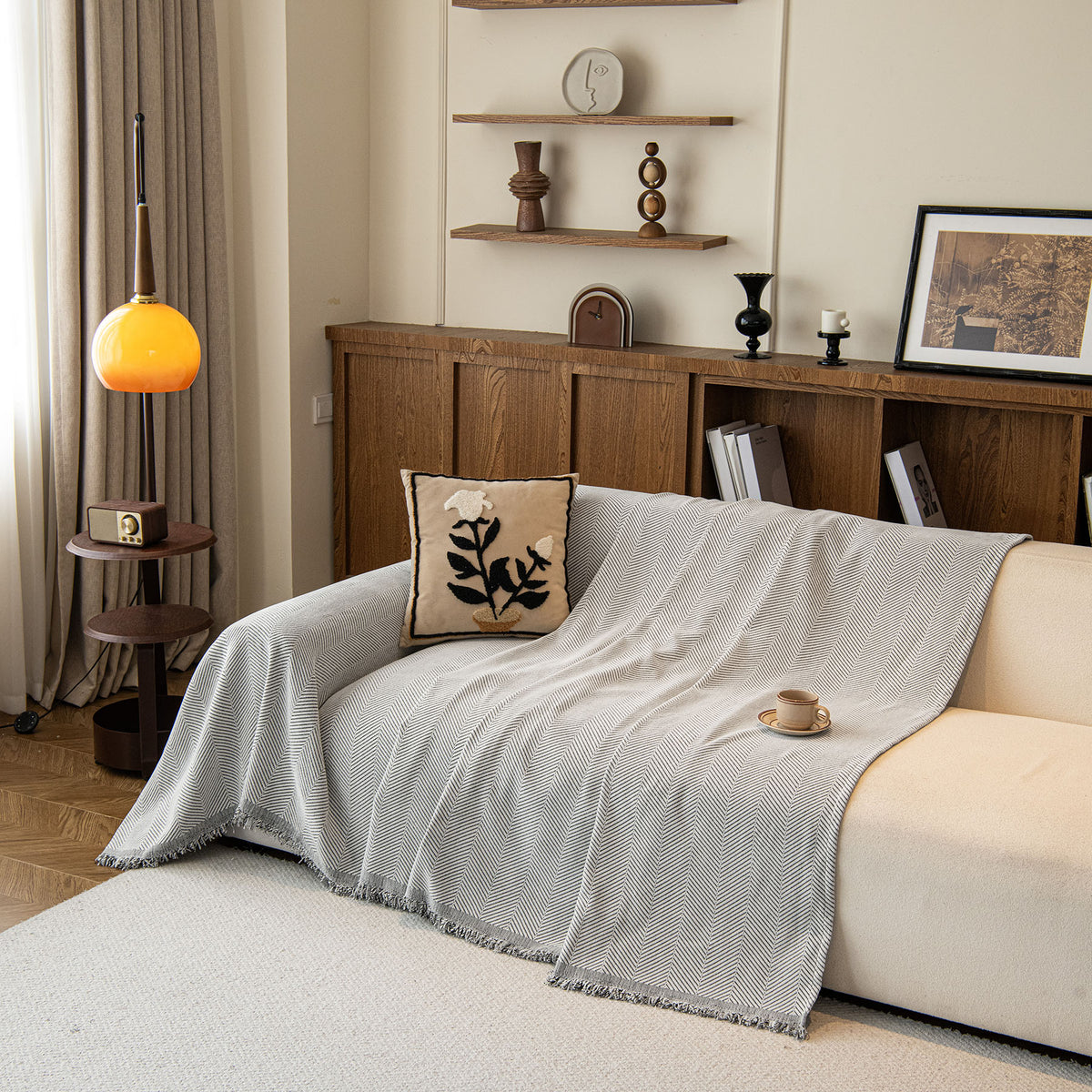 Oversized Classic Textured Herringbone Sofa Throw Cover, Raised Woven Couch Protector