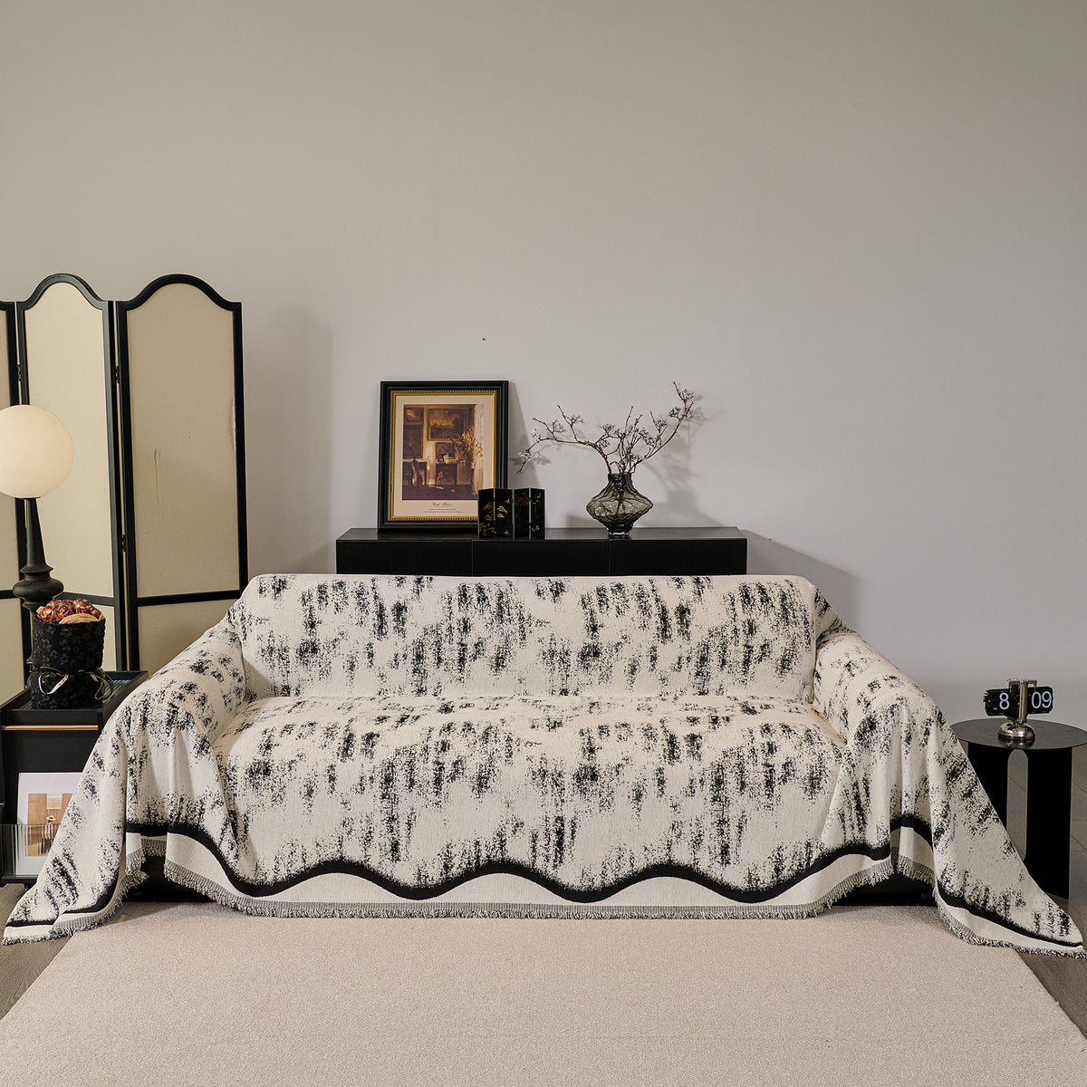 Oversized Abstract Brushstroke Sofa Throw Cover, Woven L Shaped Sectional Couch Cover