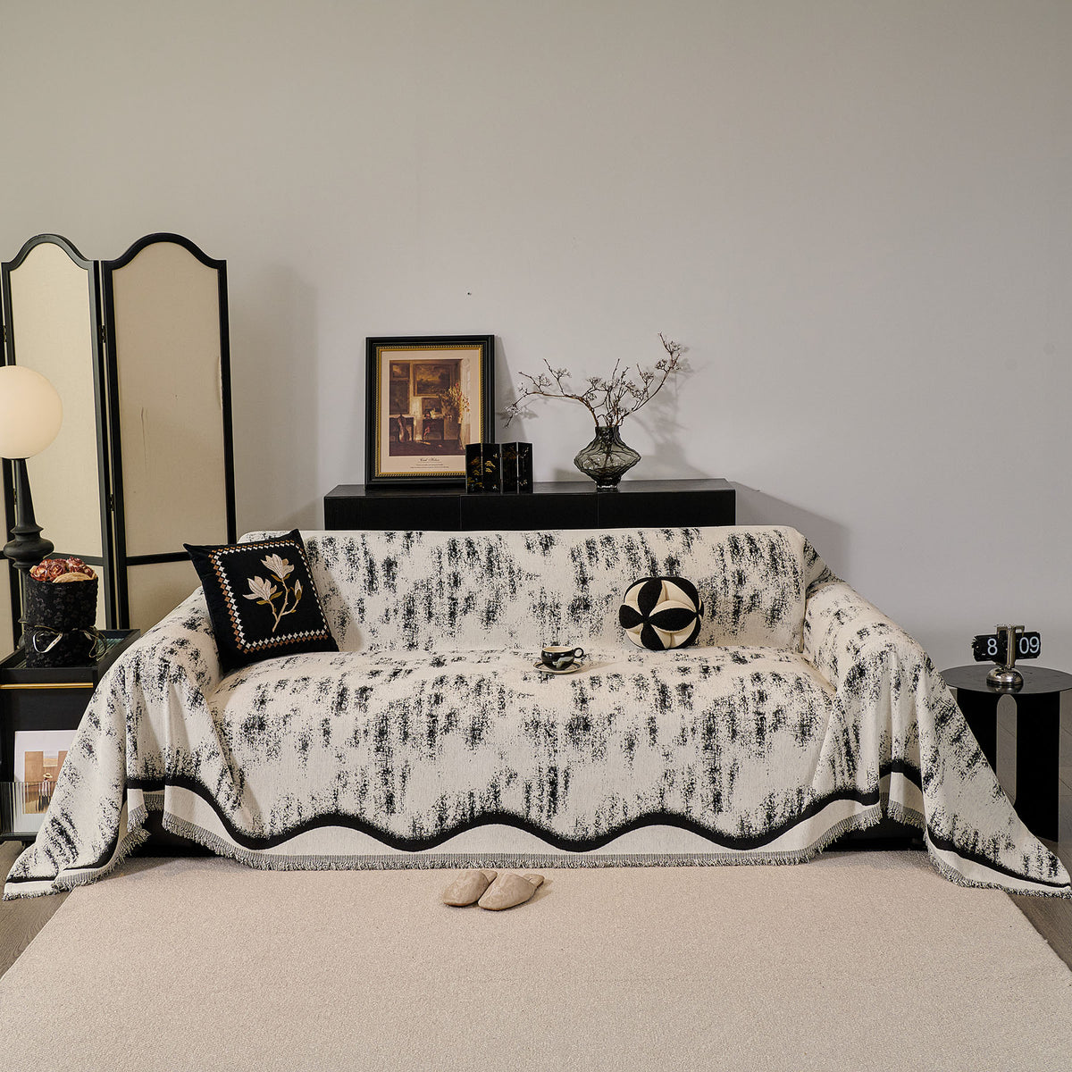 Oversized Abstract Brushstroke Sofa Throw Cover, Woven L Shaped Sectional Couch Cover