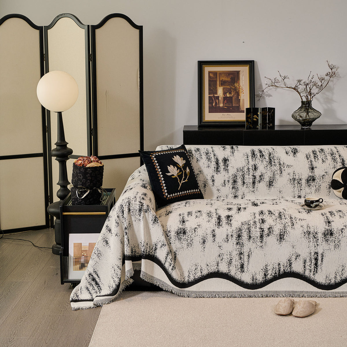 Oversized Abstract Brushstroke Sofa Throw Cover, Woven L Shaped Sectional Couch Cover