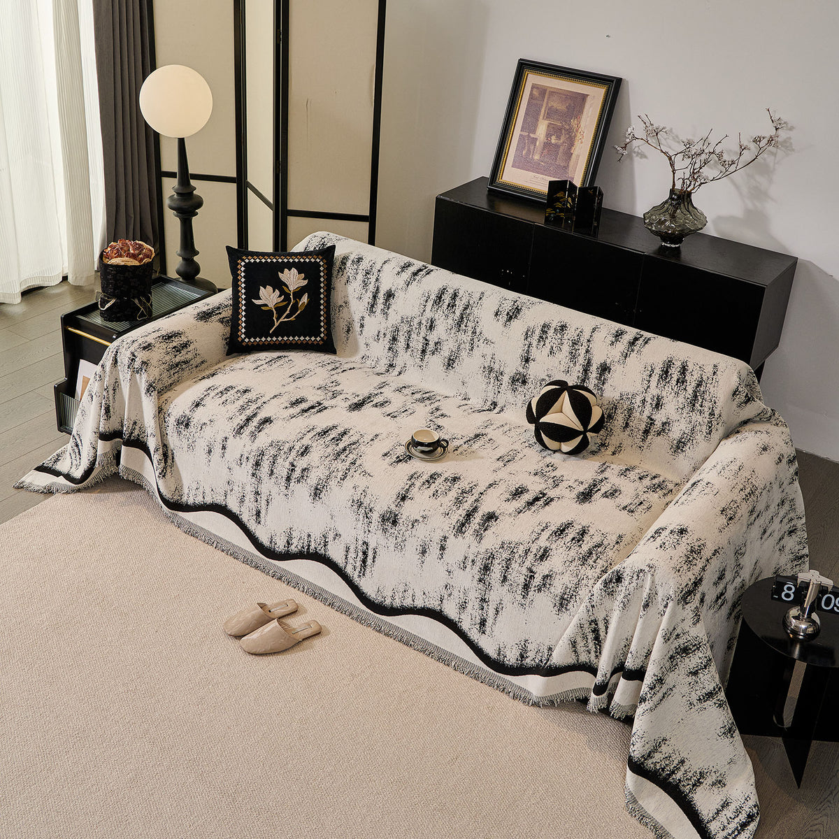 Oversized Abstract Brushstroke Sofa Throw Cover, Woven L Shaped Sectional Couch Cover
