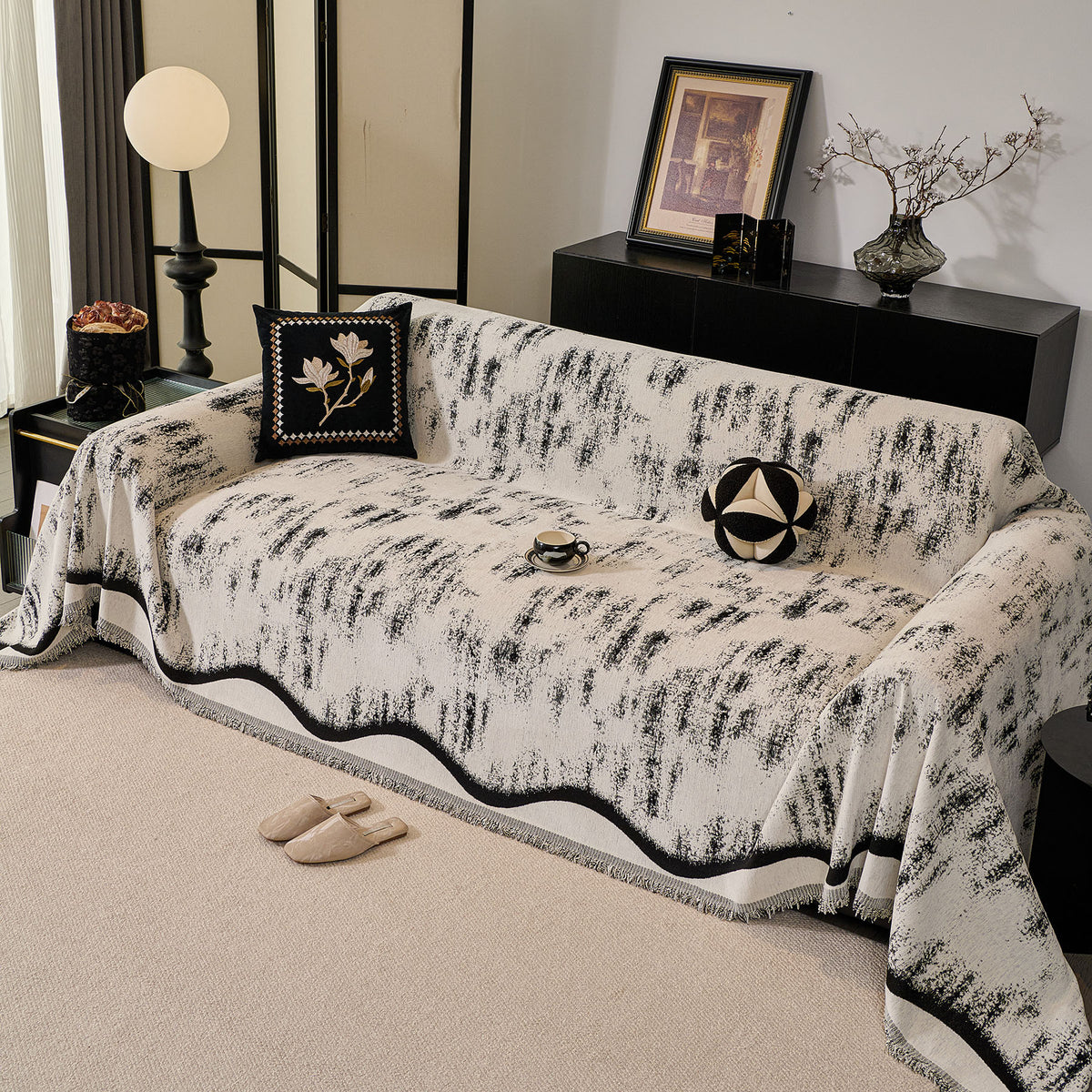 Oversized Abstract Brushstroke Sofa Throw Cover, Woven L Shaped Sectional Couch Cover