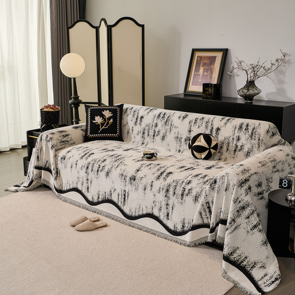 Oversized Abstract Brushstroke Sofa Throw Cover, Woven L Shaped Sectional Couch Cover