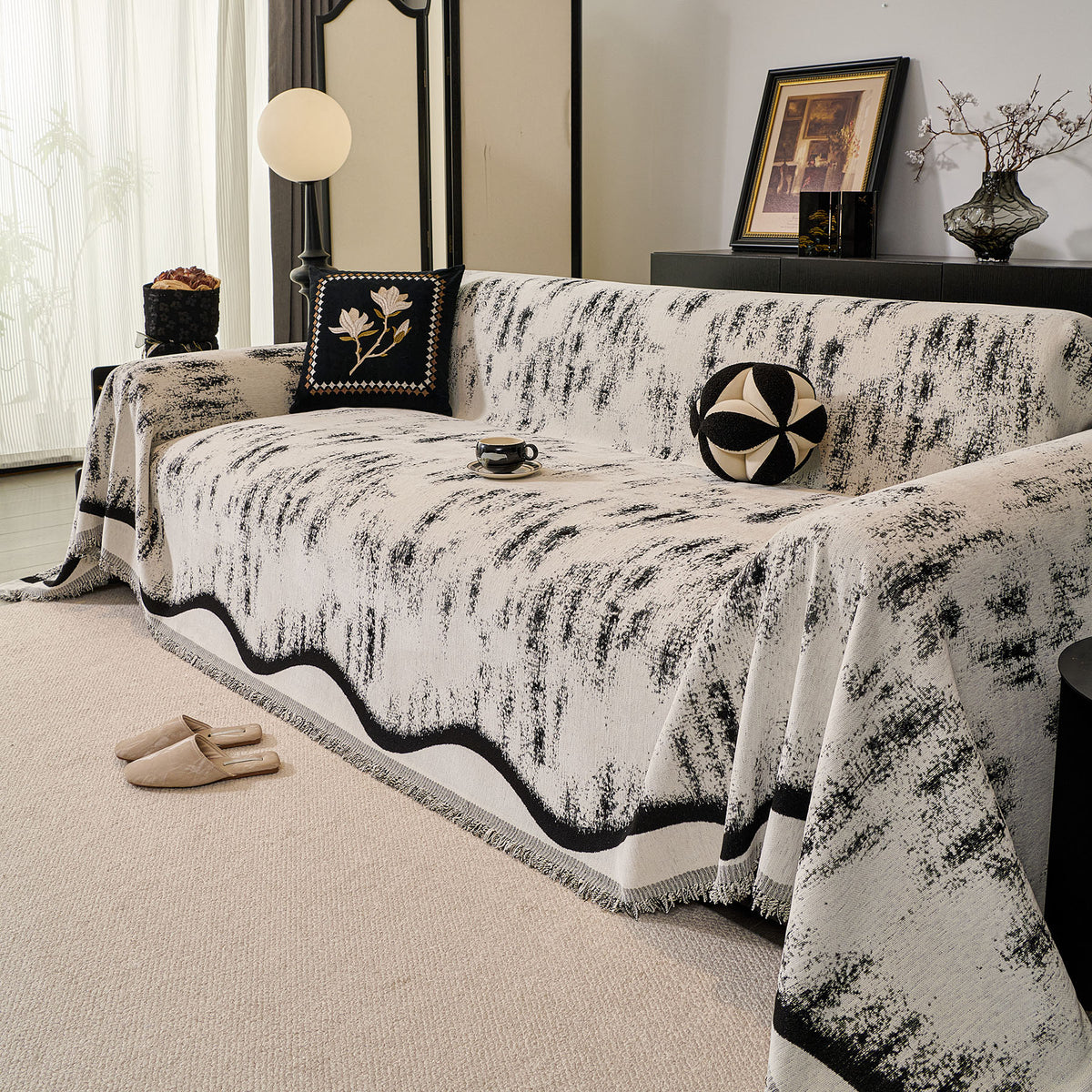 Oversized Abstract Brushstroke Sofa Throw Cover, Woven L Shaped Sectional Couch Cover