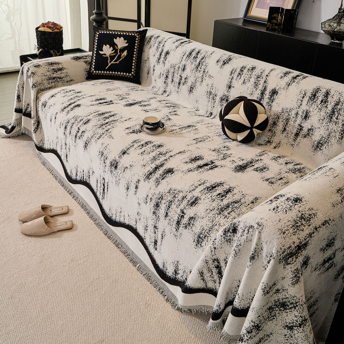Oversized Abstract Brushstroke Sofa Throw Cover, Woven L Shaped Sectional Couch Cover