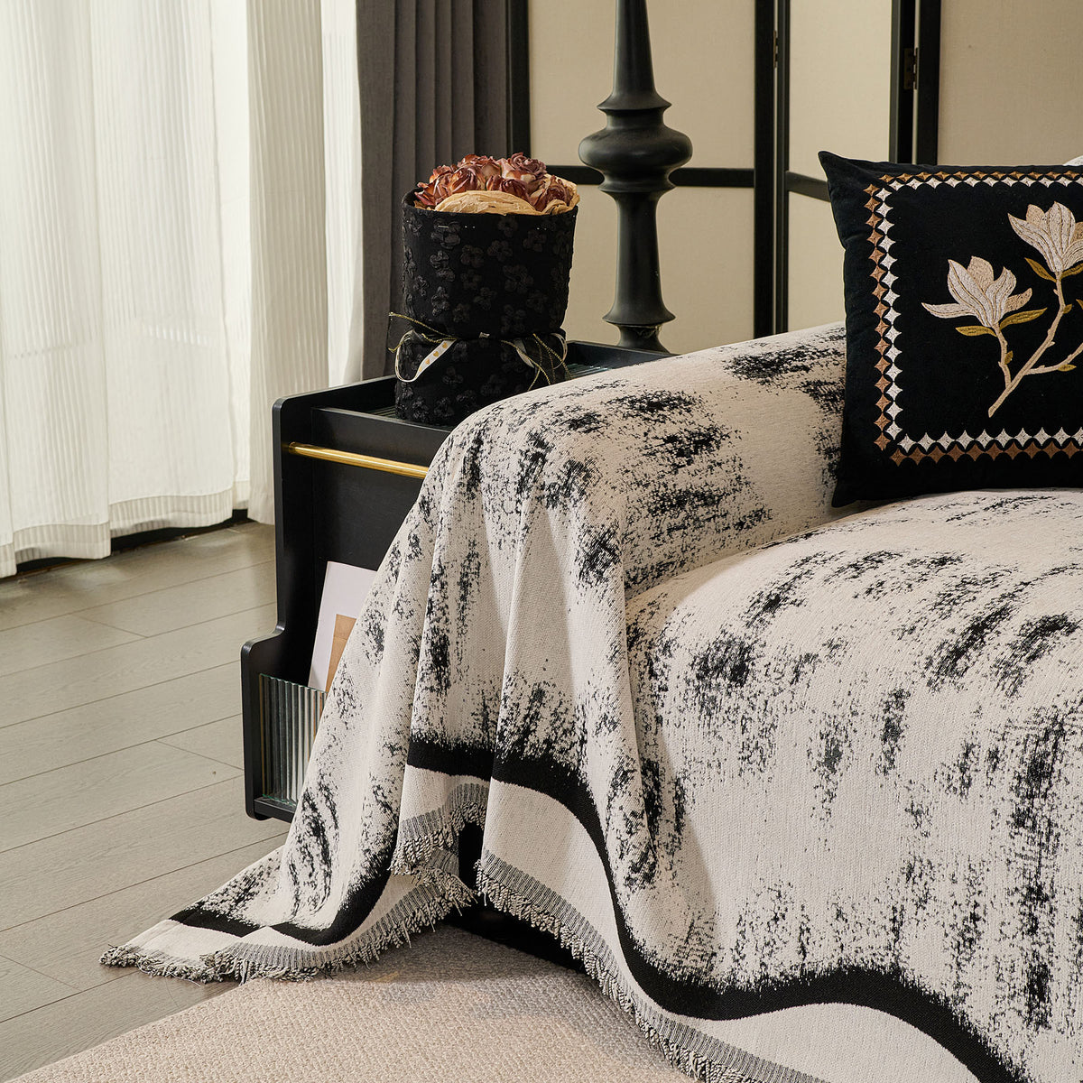 Oversized Abstract Brushstroke Sofa Throw Cover, Woven L Shaped Sectional Couch Cover