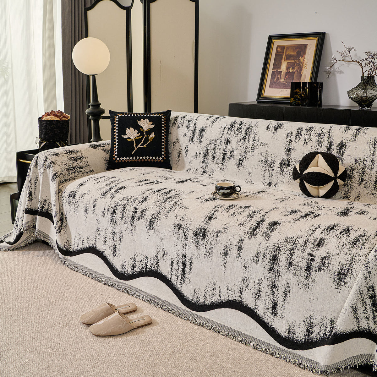 Oversized Abstract Brushstroke Sofa Throw Cover, Woven L Shaped Sectional Couch Cover