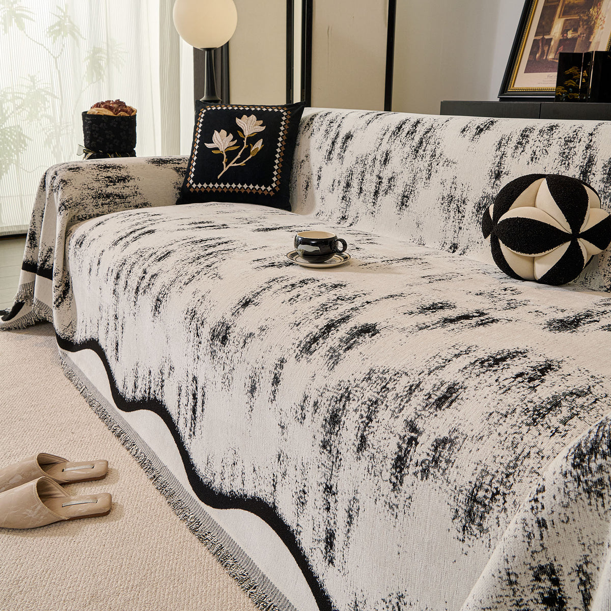 Oversized Abstract Brushstroke Sofa Throw Cover, Woven L Shaped Sectional Couch Cover