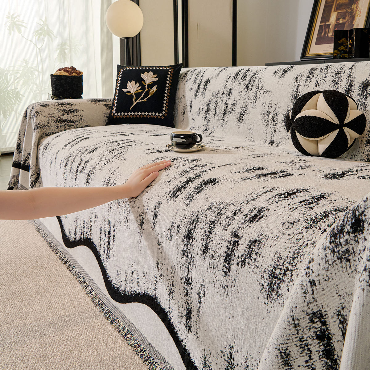 Oversized Abstract Brushstroke Sofa Throw Cover, Woven L Shaped Sectional Couch Cover
