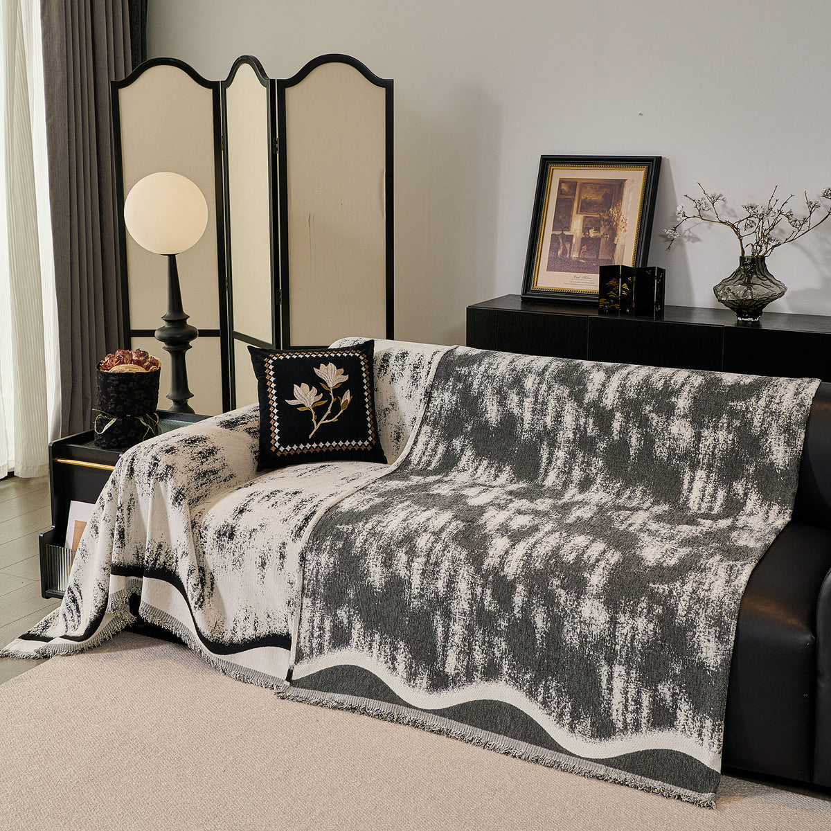 Oversized Abstract Brushstroke Sofa Throw Cover, Woven L Shaped Sectional Couch Cover