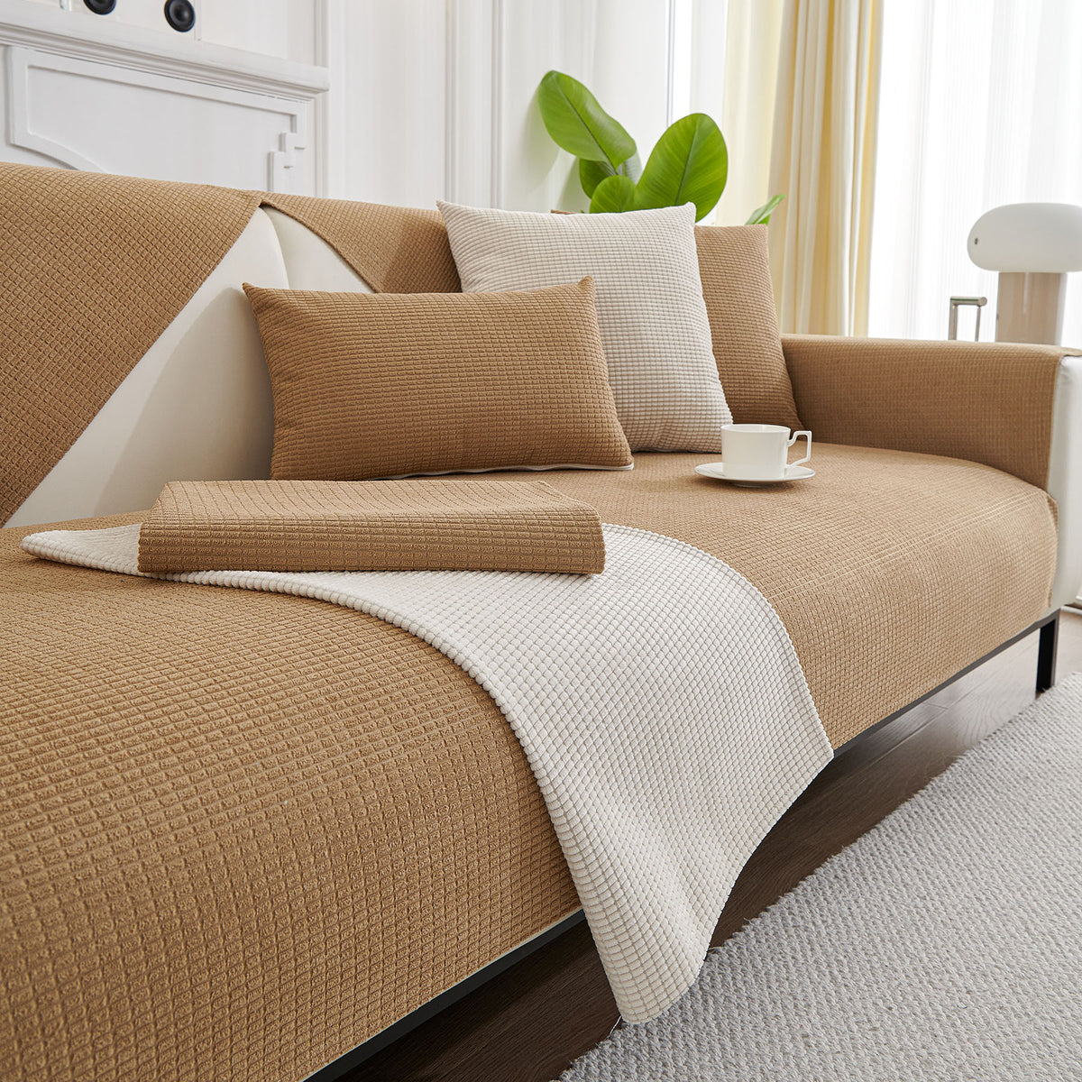 Water-Resistant Waffle Textured Sofa Cover, Non-Slip Couch Protector for Pets & Kids