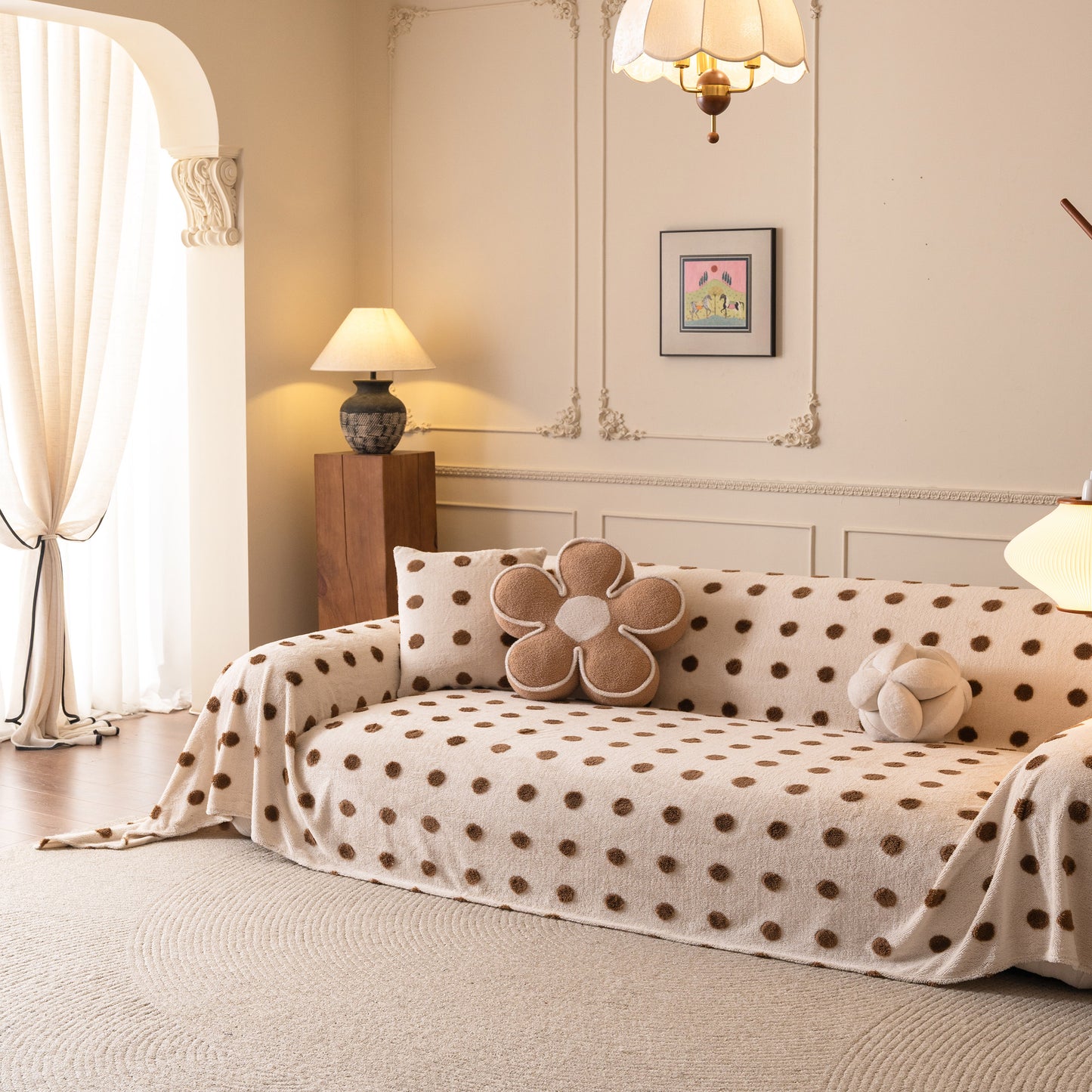 Plush Fleece Sofa Cover Throw, Soft Textured Polka Dot Couch Protector Blanket for Pets