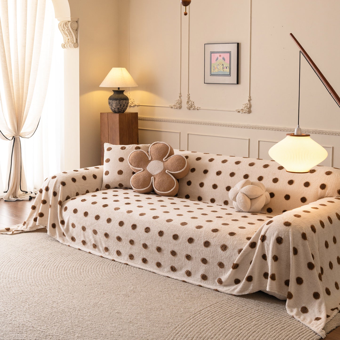 Plush Fleece Sofa Cover Throw, Soft Textured Polka Dot Couch Protector Blanket for Pets
