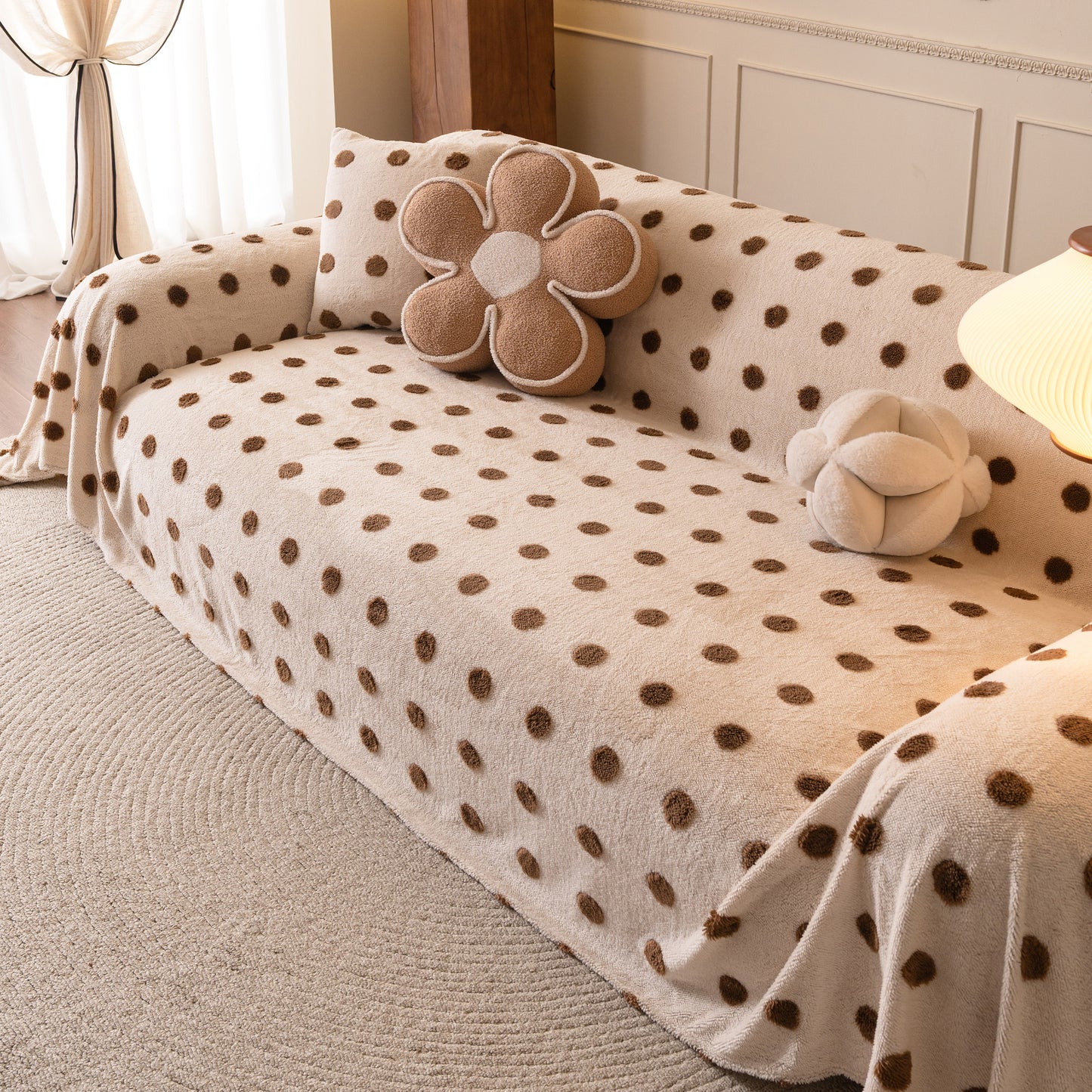 Plush Fleece Sofa Cover Throw, Soft Textured Polka Dot Couch Protector Blanket for Pets