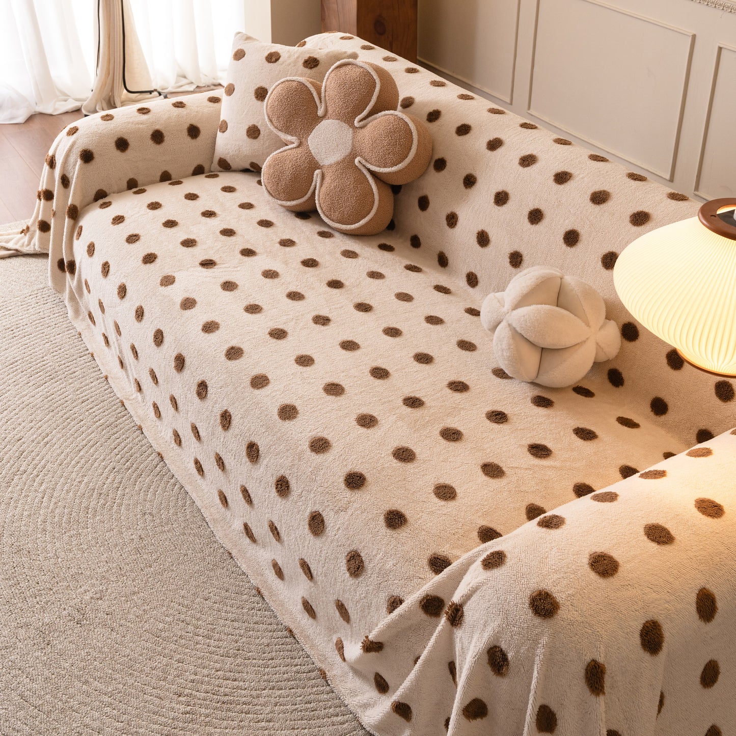 Plush Fleece Sofa Cover Throw, Soft Textured Polka Dot Couch Protector Blanket for Pets