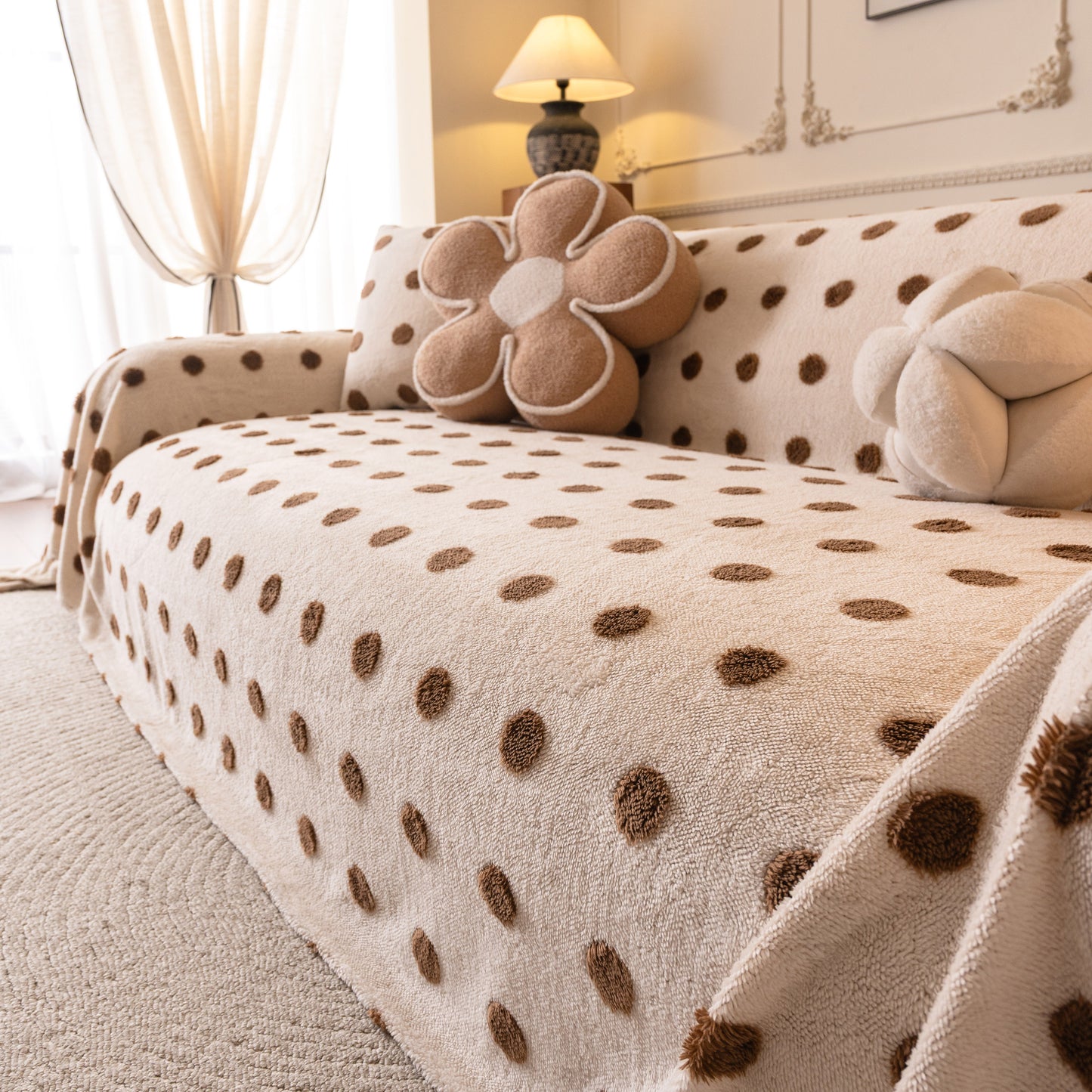 Plush Fleece Sofa Cover Throw, Soft Textured Polka Dot Couch Protector Blanket for Pets