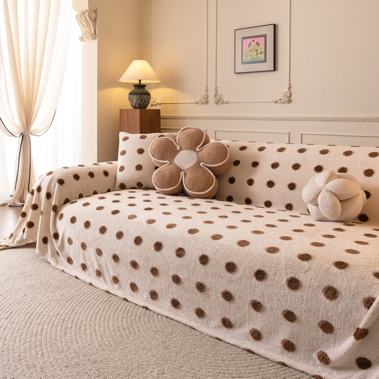 Plush Fleece Sofa Cover Throw, Soft Textured Polka Dot Couch Protector Blanket for Pets
