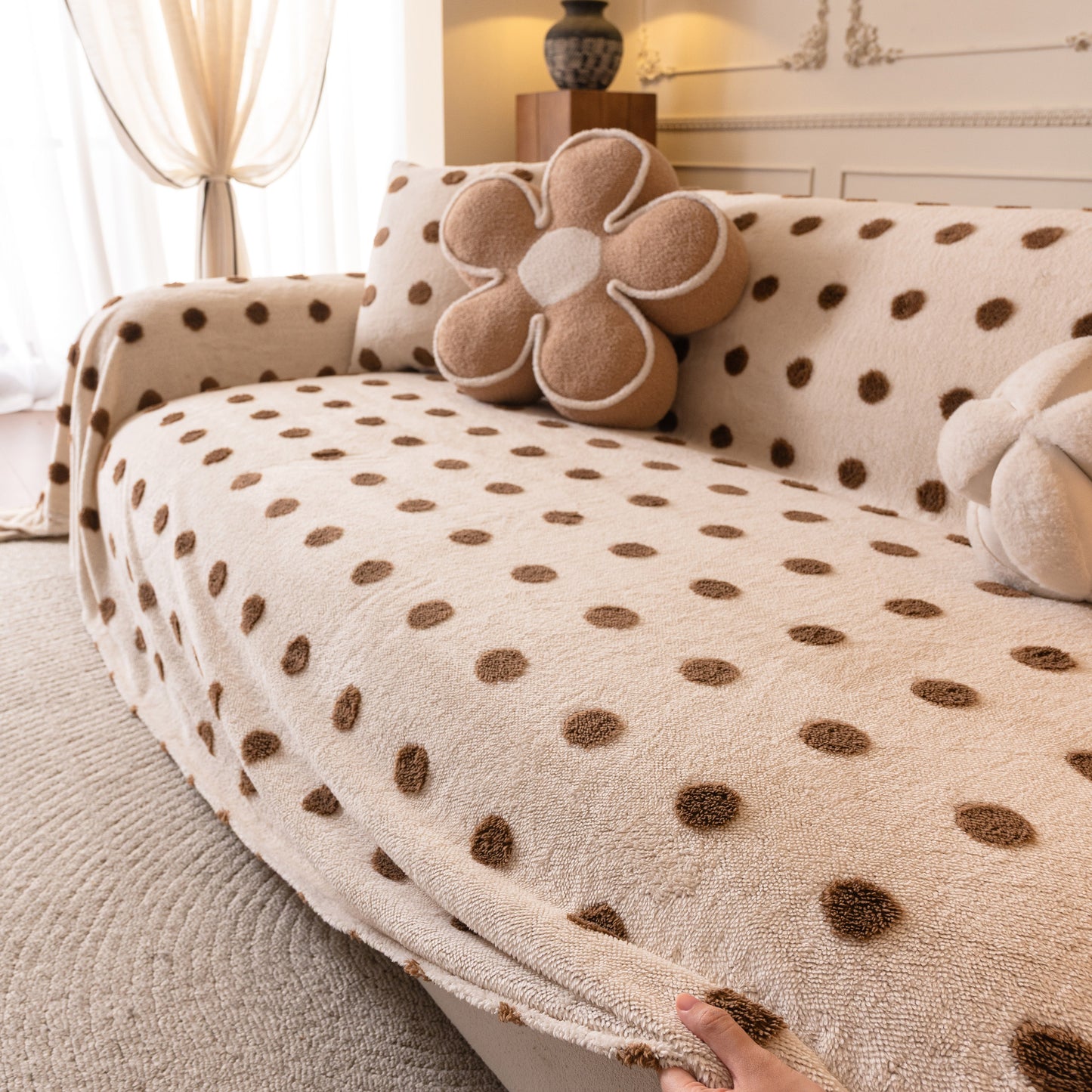 Plush Fleece Sofa Cover Throw, Soft Textured Polka Dot Couch Protector Blanket for Pets