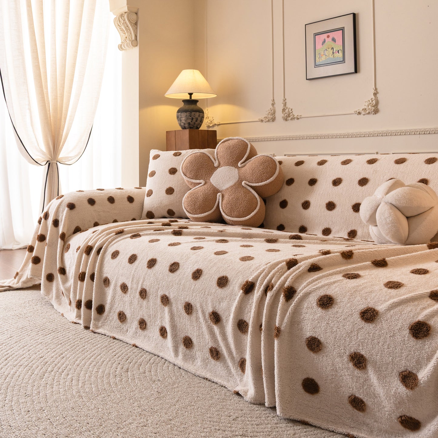 Plush Fleece Sofa Cover Throw, Soft Textured Polka Dot Couch Protector Blanket for Pets