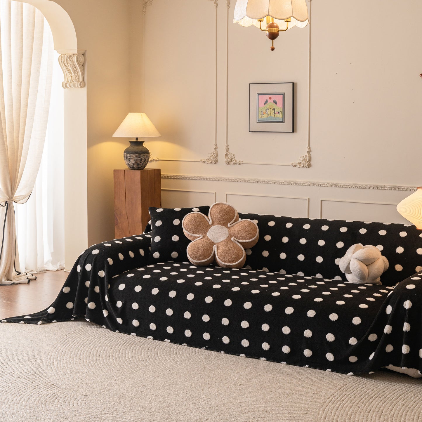 Plush Fleece Sofa Cover Throw, Soft Textured Polka Dot Couch Protector Blanket for Pets