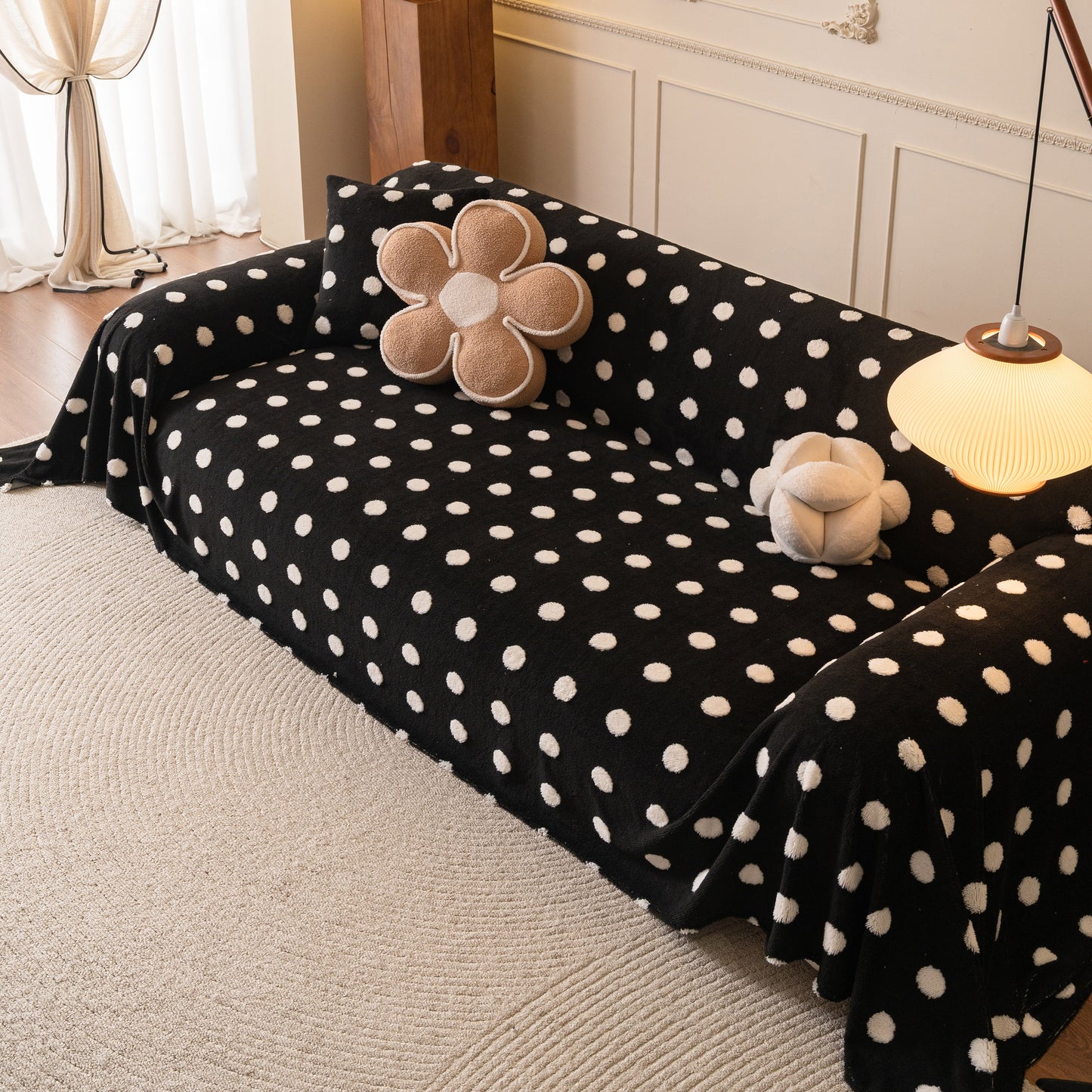 Plush Fleece Sofa Cover Throw, Soft Textured Polka Dot Couch Protector Blanket for Pets