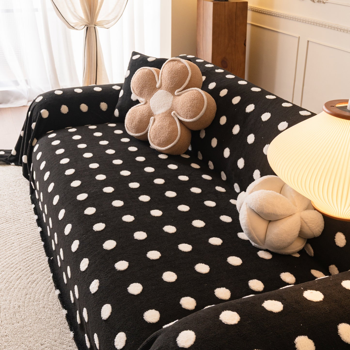Plush Fleece Sofa Cover Throw, Soft Textured Polka Dot Couch Protector Blanket for Pets
