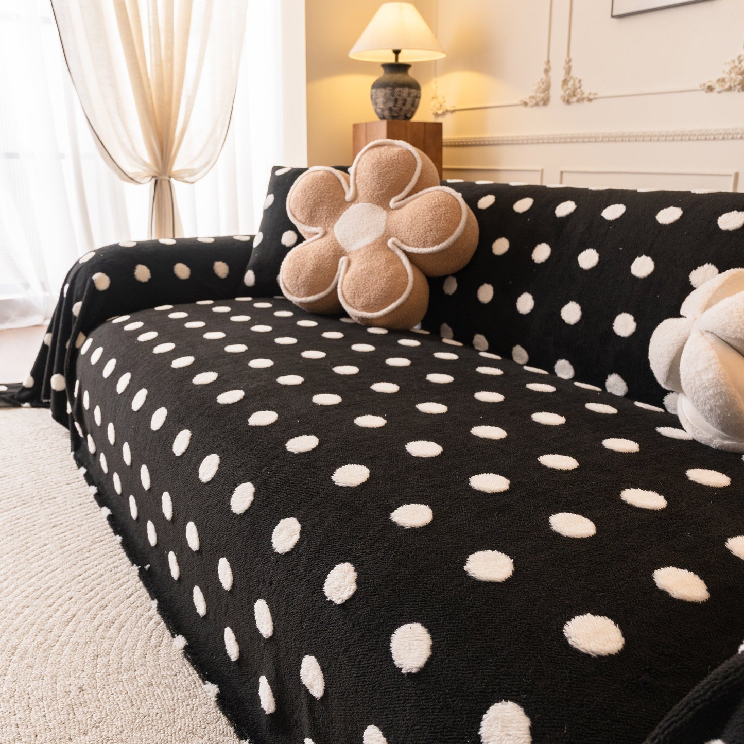 Plush Fleece Sofa Cover Throw, Soft Textured Polka Dot Couch Protector Blanket for Pets