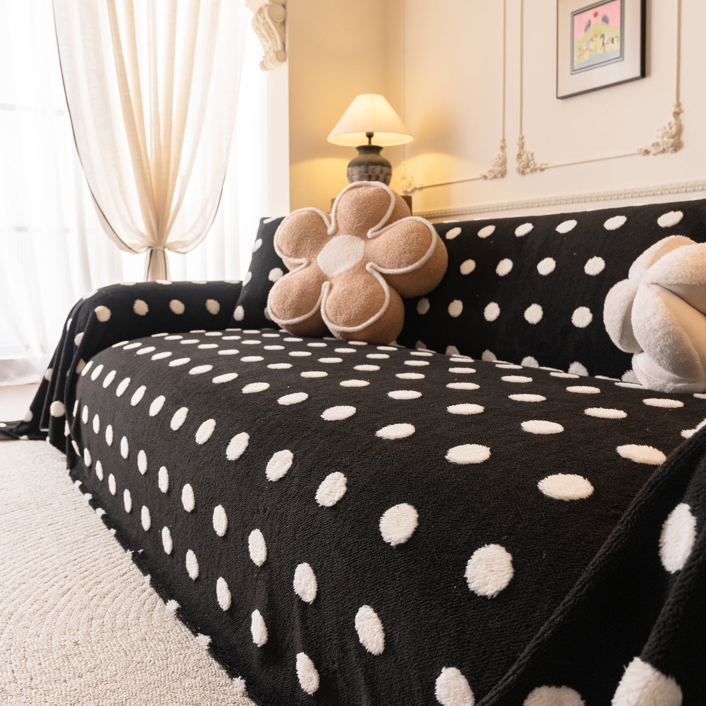 Plush Fleece Sofa Cover Throw, Soft Textured Polka Dot Couch Protector Blanket for Pets