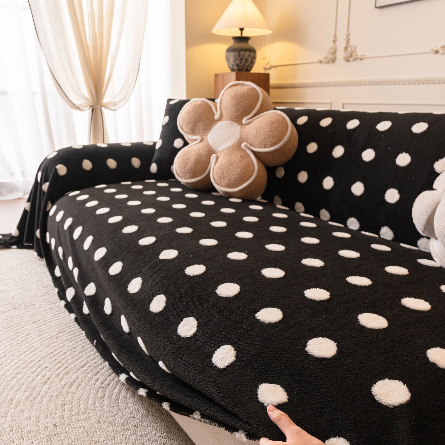 Plush Fleece Sofa Cover Throw, Soft Textured Polka Dot Couch Protector Blanket for Pets