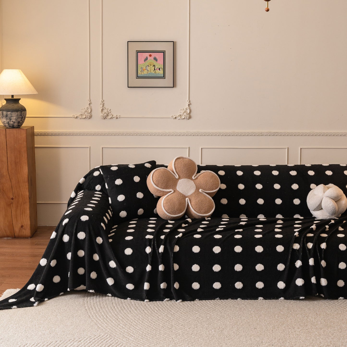 Plush Fleece Sofa Cover Throw, Soft Textured Polka Dot Couch Protector Blanket for Pets
