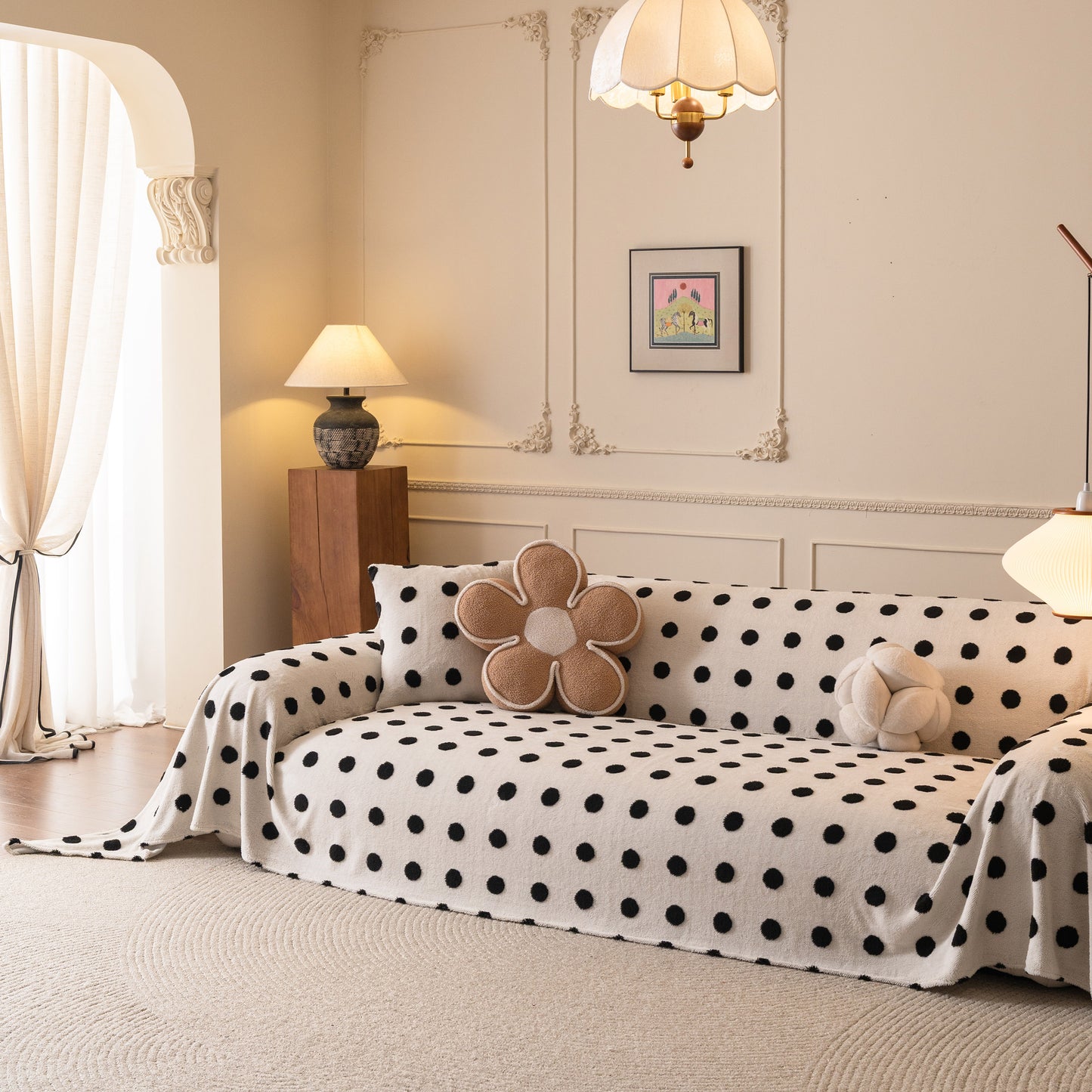 Plush Fleece Sofa Cover Throw, Soft Textured Polka Dot Couch Protector Blanket for Pets