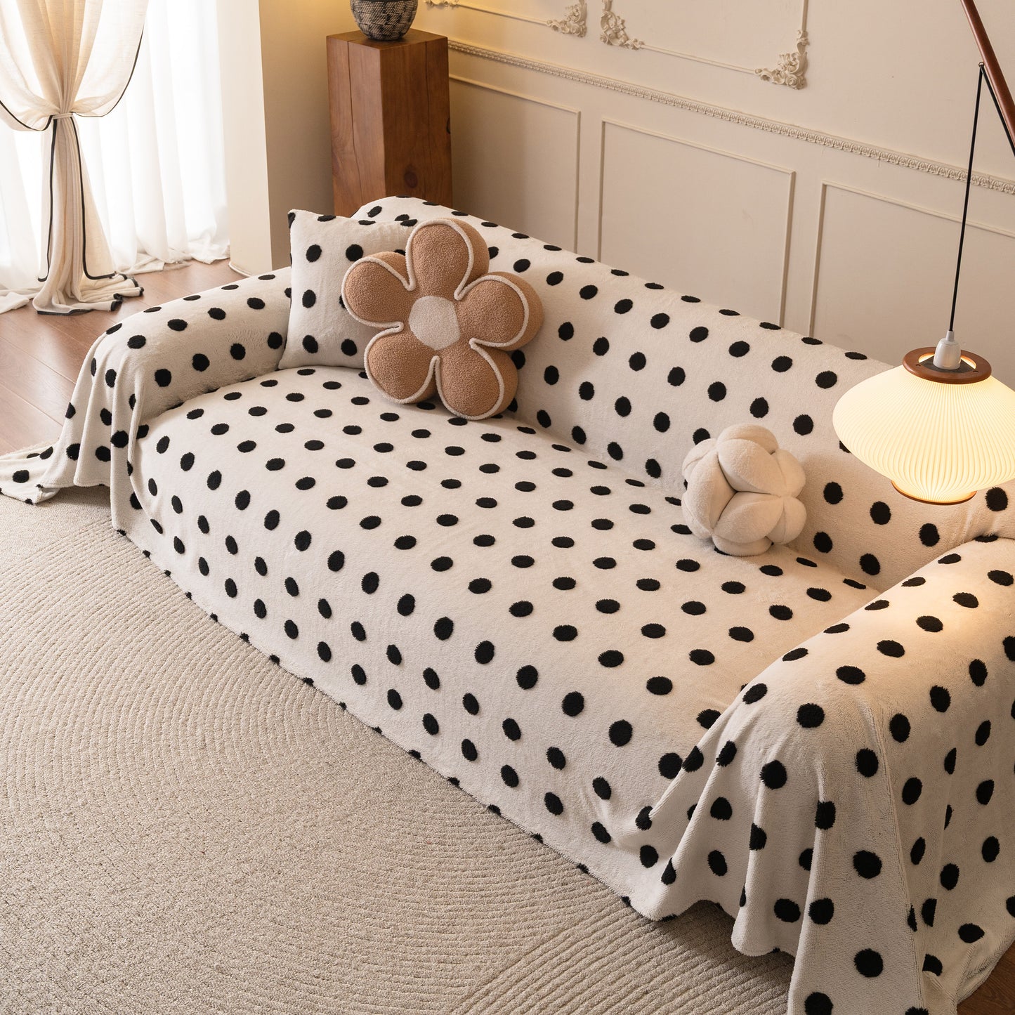 Plush Fleece Sofa Cover Throw, Soft Textured Polka Dot Couch Protector Blanket for Pets