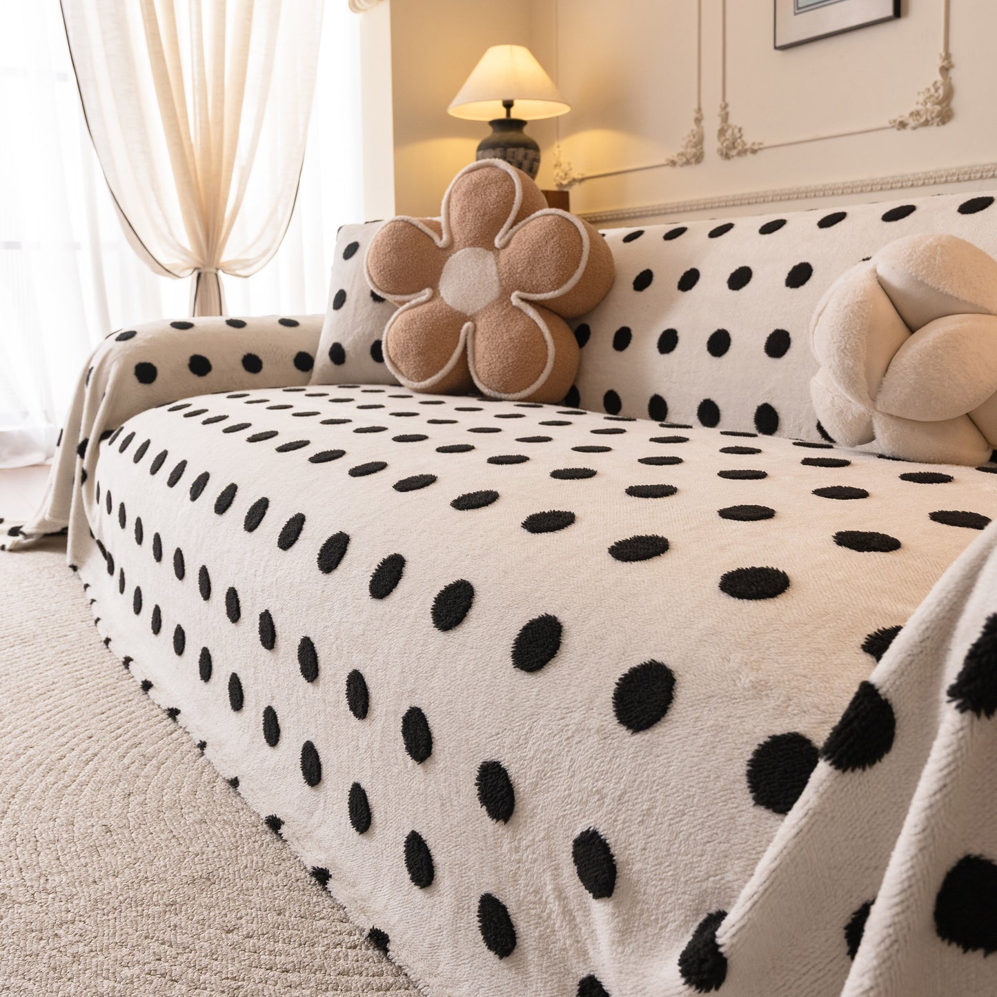 Plush Fleece Sofa Cover Throw, Soft Textured Polka Dot Couch Protector Blanket for Pets