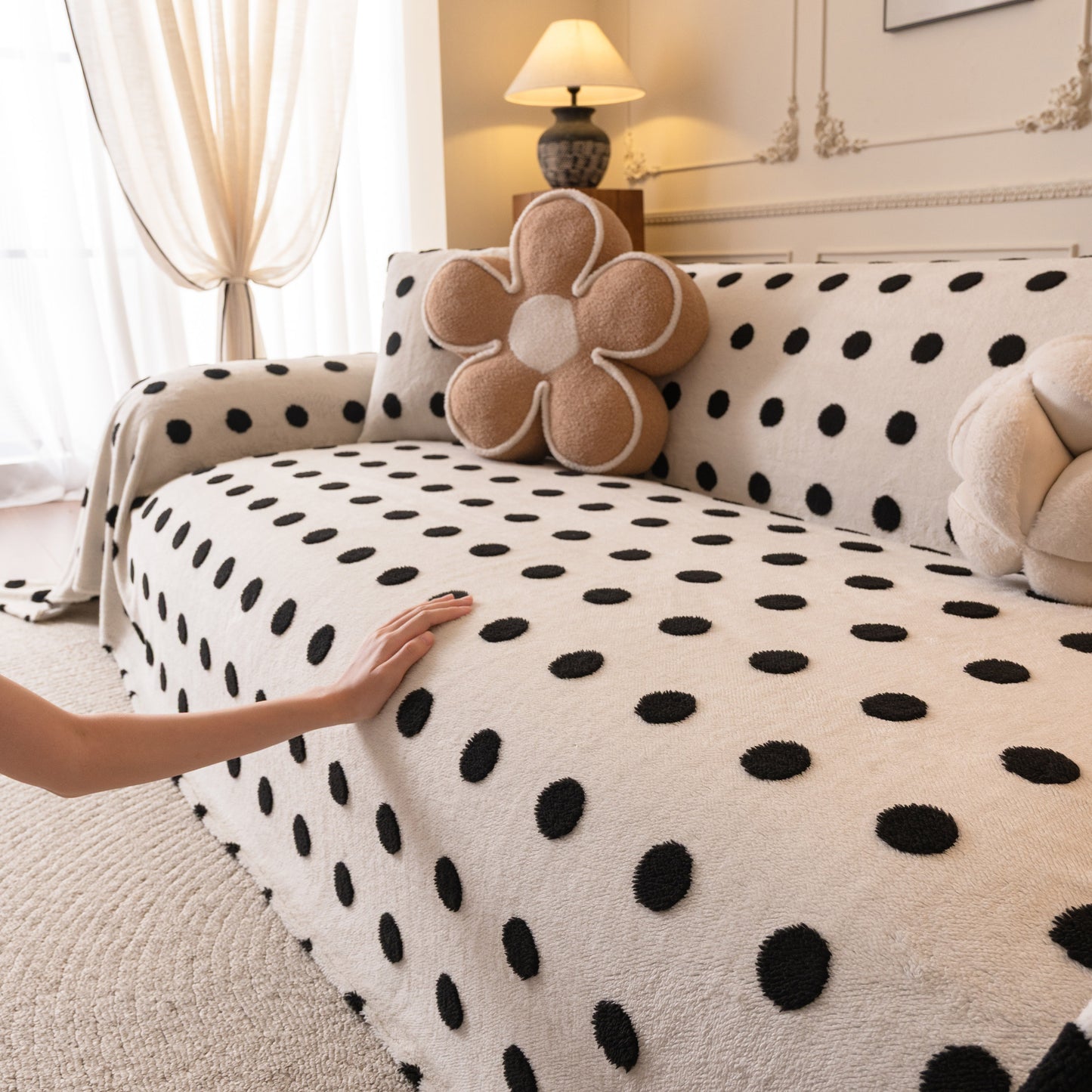 Plush Fleece Sofa Cover Throw, Soft Textured Polka Dot Couch Protector Blanket for Pets