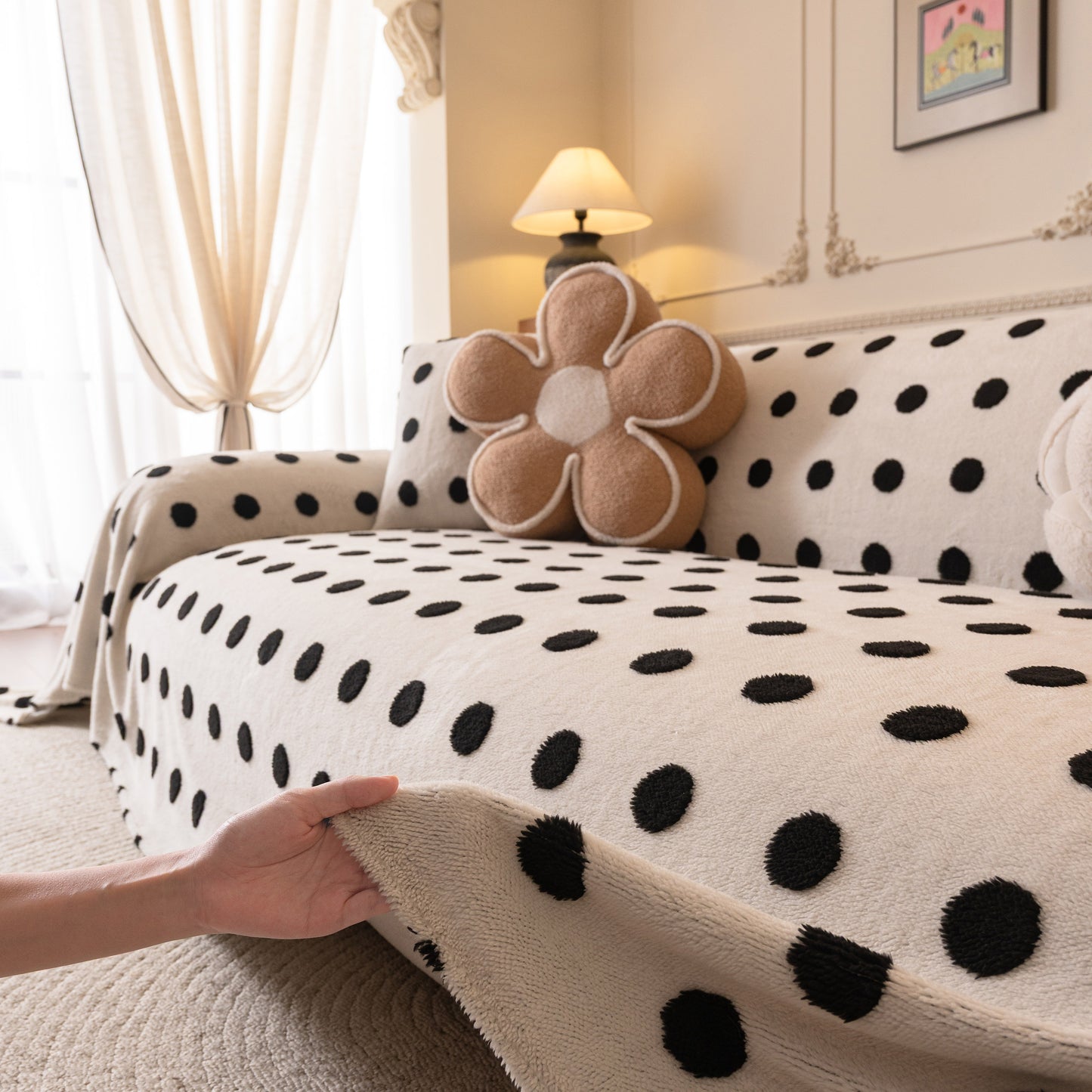 Plush Fleece Sofa Cover Throw, Soft Textured Polka Dot Couch Protector Blanket for Pets