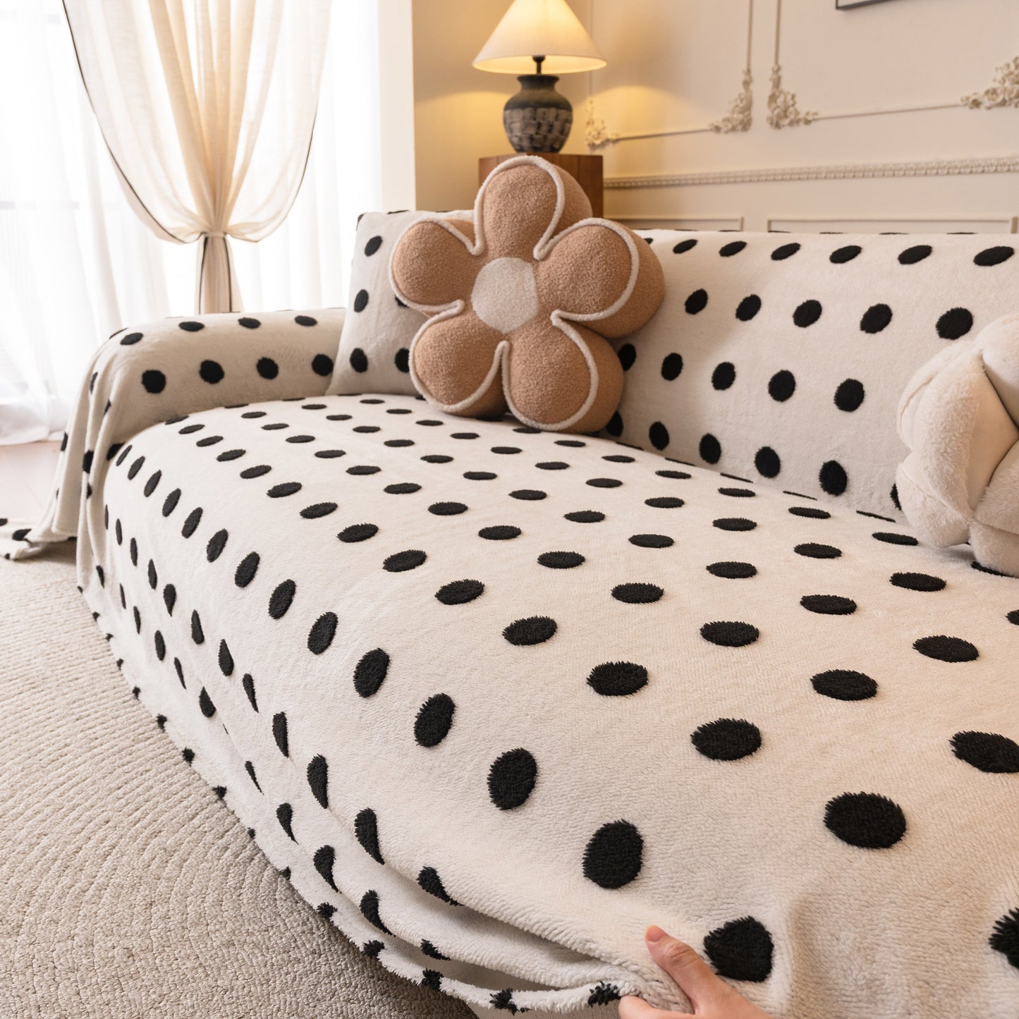 Plush Fleece Sofa Cover Throw, Soft Textured Polka Dot Couch Protector Blanket for Pets