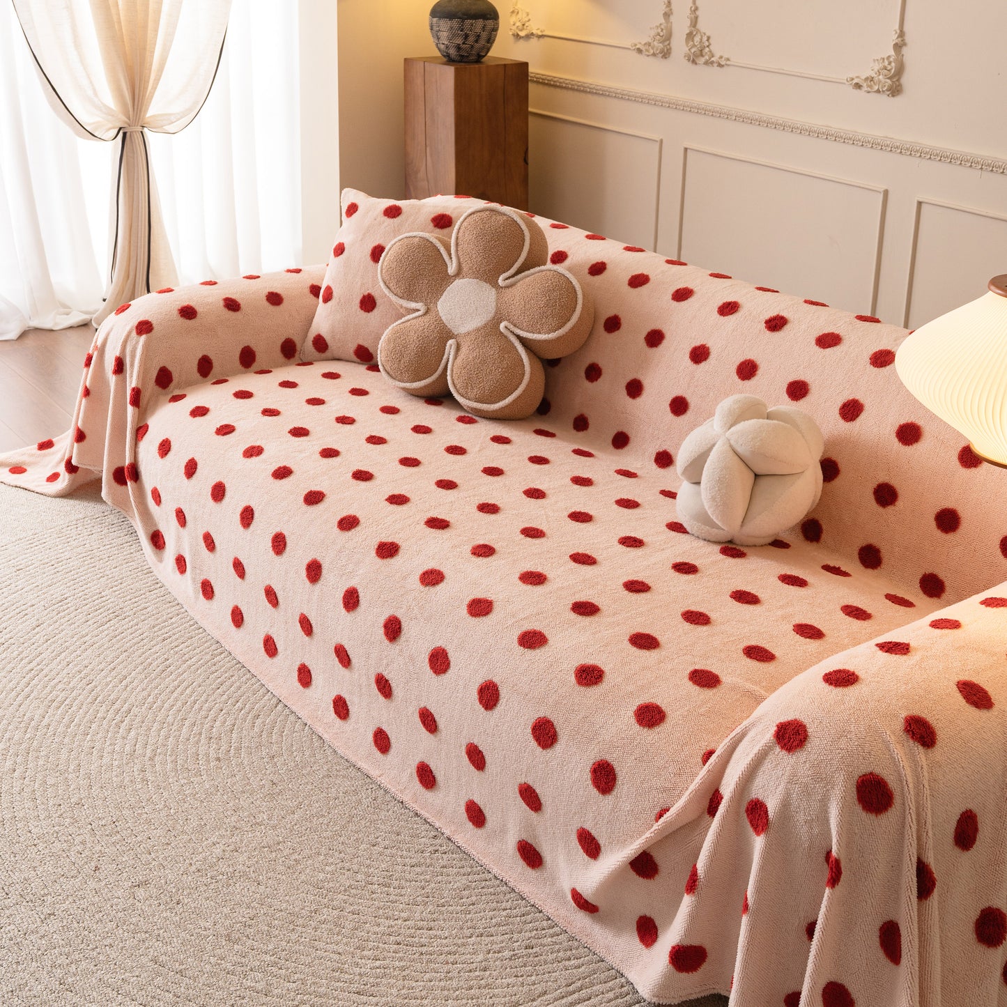 Plush Fleece Sofa Cover Throw, Soft Textured Polka Dot Couch Protector Blanket for Pets