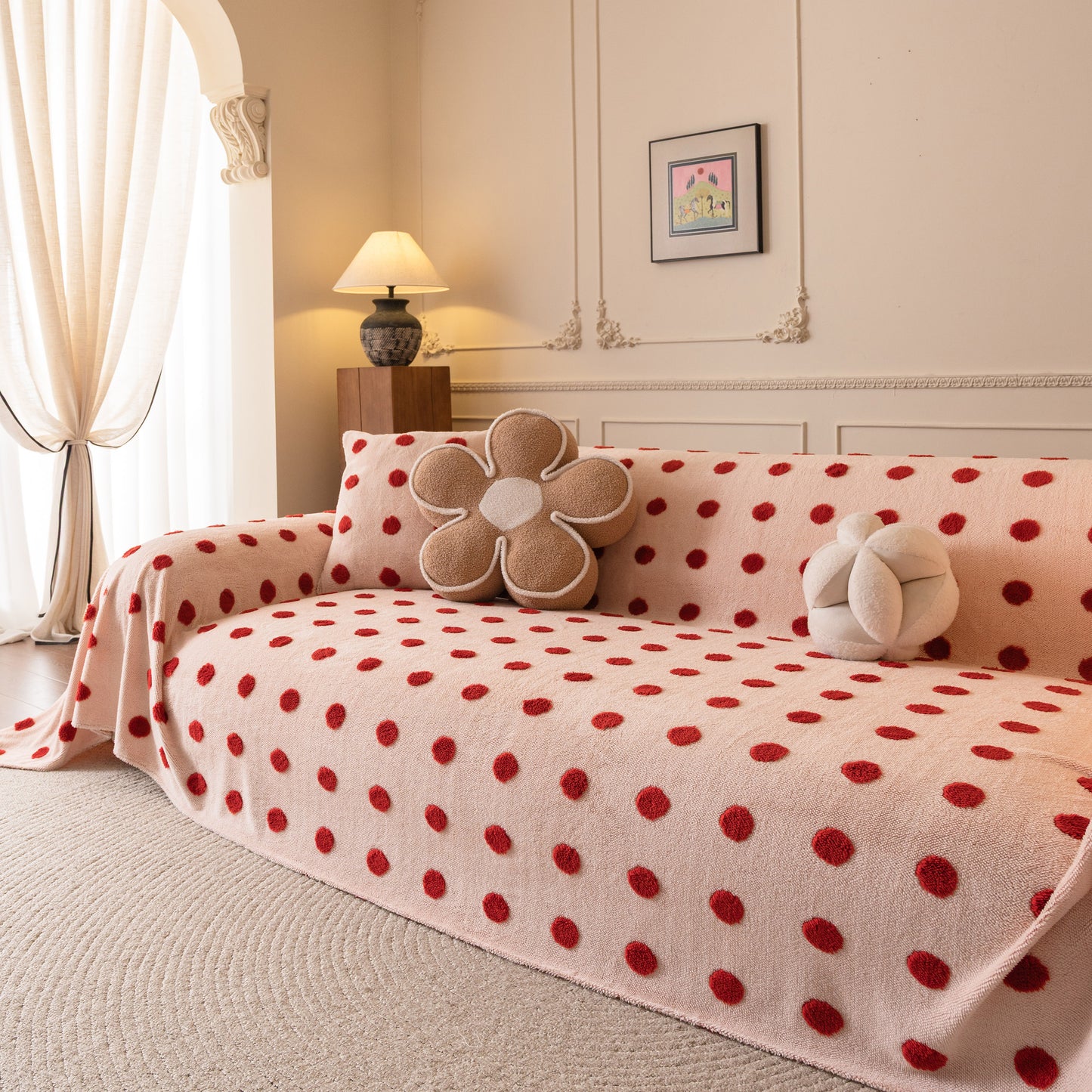 Plush Fleece Sofa Cover Throw, Soft Textured Polka Dot Couch Protector Blanket for Pets