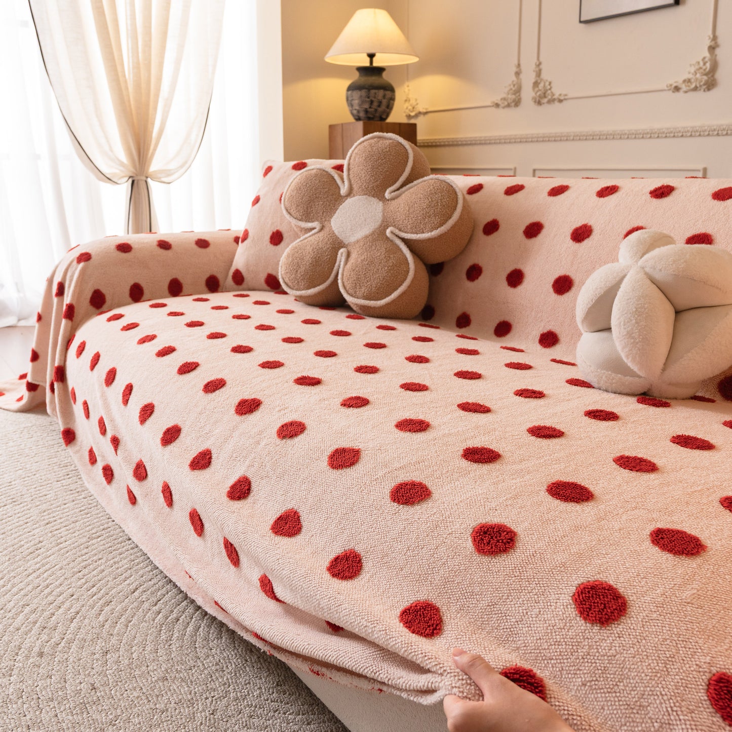 Plush Fleece Sofa Cover Throw, Soft Textured Polka Dot Couch Protector Blanket for Pets