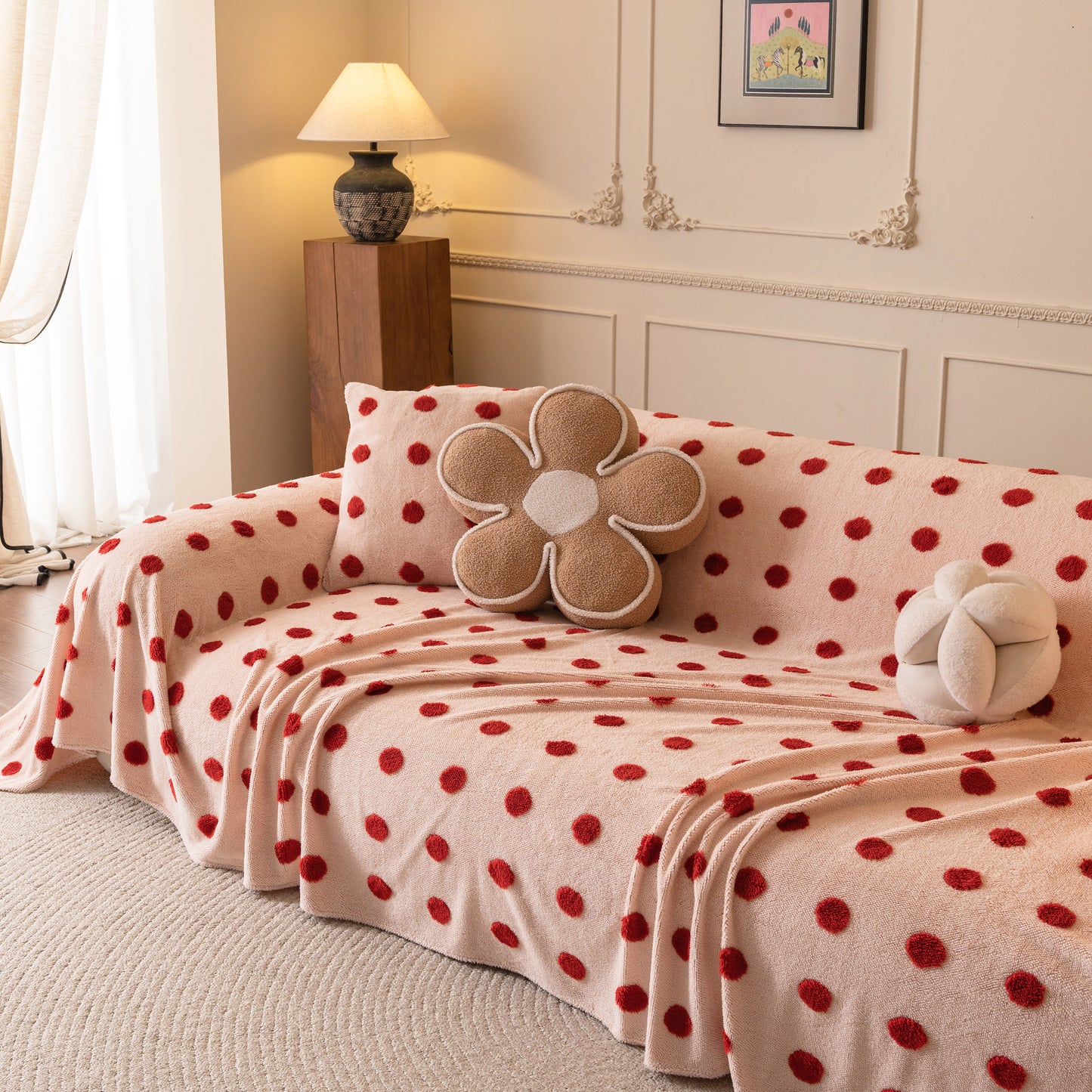 Plush Fleece Sofa Cover Throw, Soft Textured Polka Dot Couch Protector Blanket for Pets