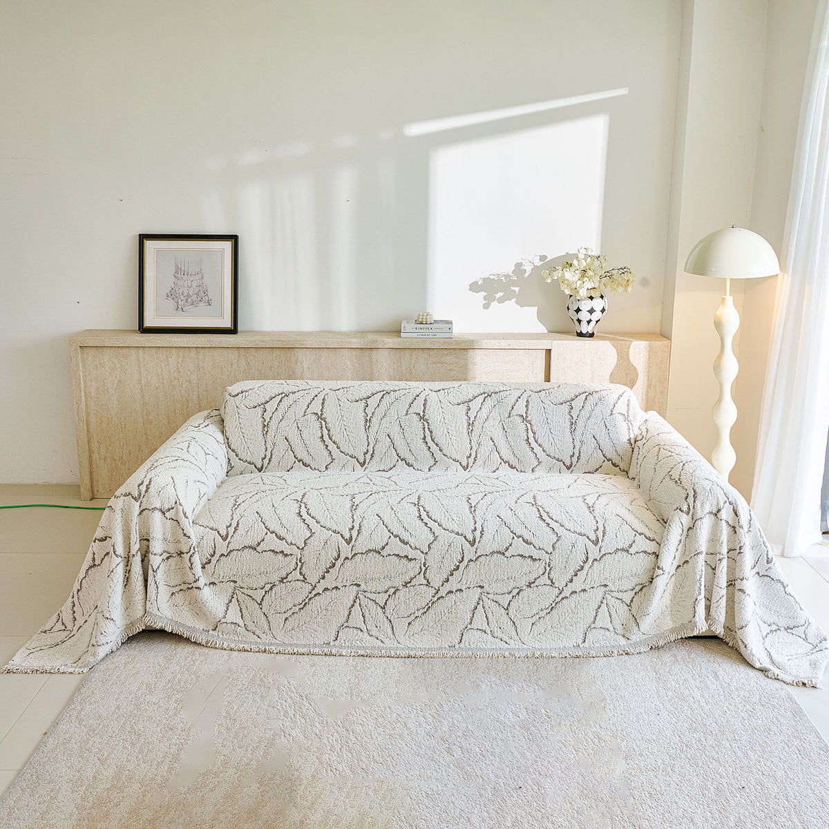 Boho Botanical Plush Sofa Throw Cover, Textured Leaf Pattern Slip Covers for Furniture