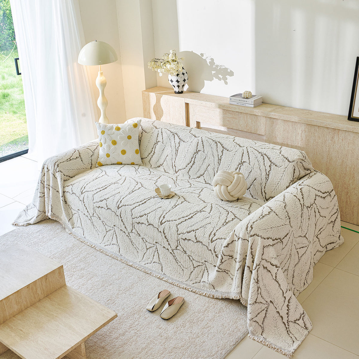Boho Botanical Plush Sofa Throw Cover, Textured Leaf Pattern Slip Covers for Furniture