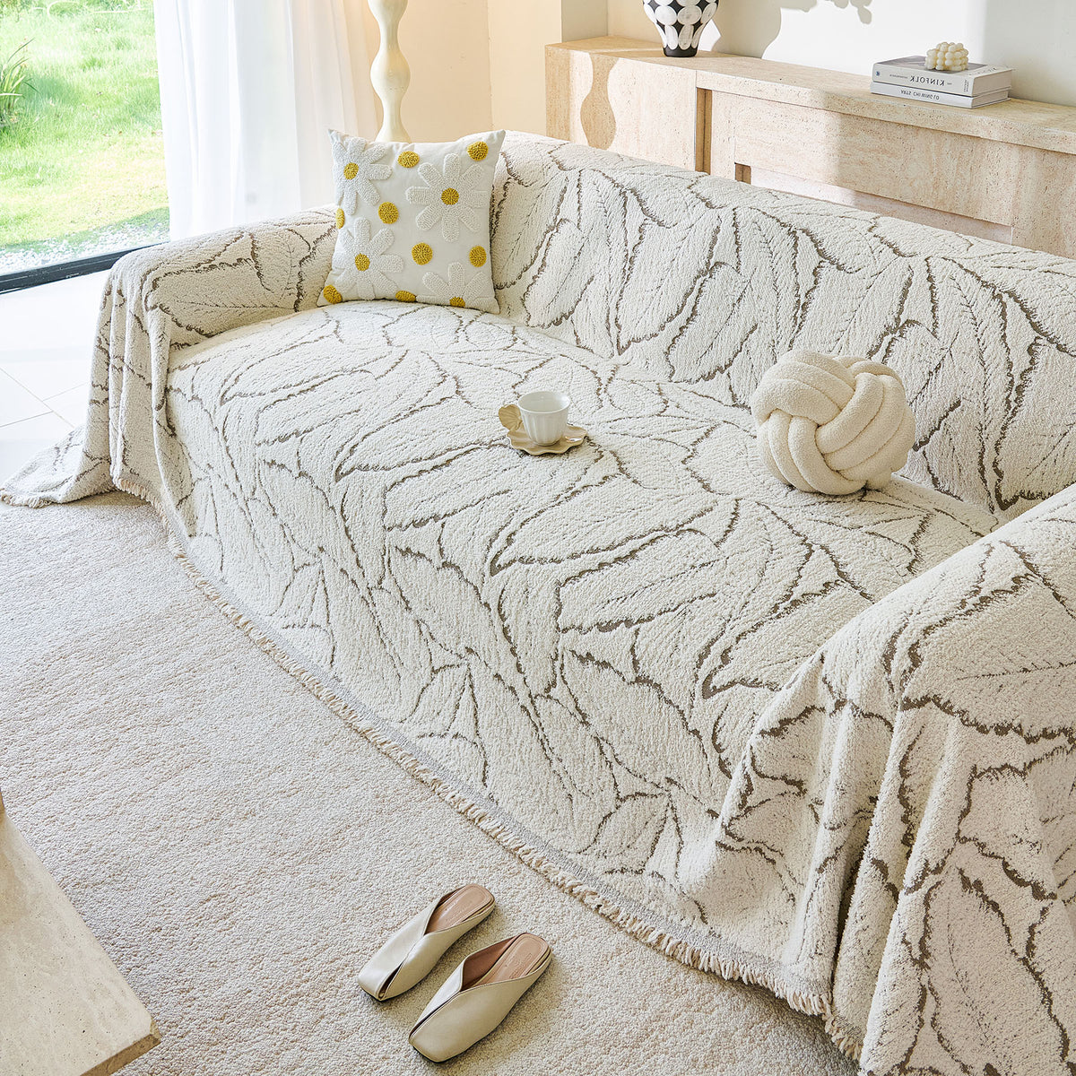 Boho Botanical Plush Sofa Throw Cover, Textured Leaf Pattern Slip Covers for Furniture