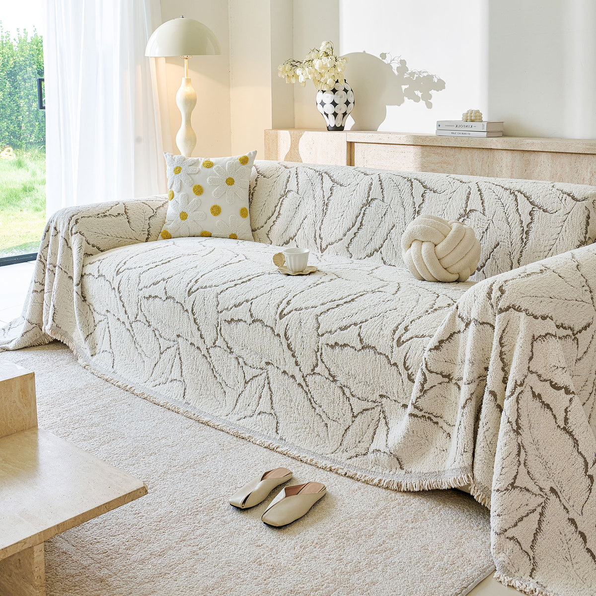 Boho Botanical Plush Sofa Throw Cover, Textured Leaf Pattern Slip Covers for Furniture