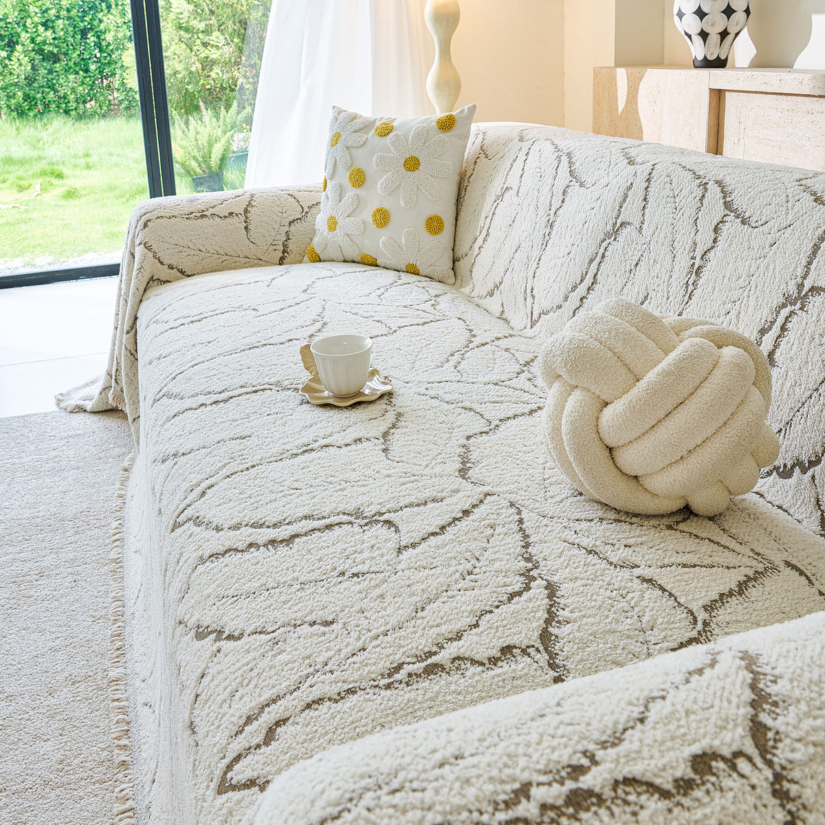 Boho Botanical Plush Sofa Throw Cover, Textured Leaf Pattern Slip Covers for Furniture