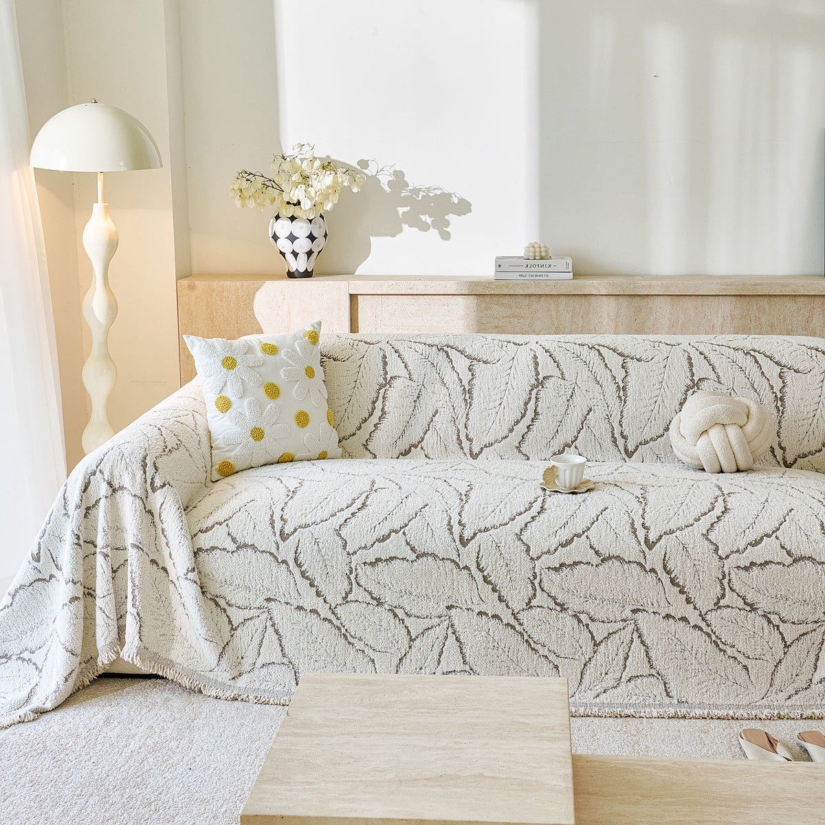 Boho Botanical Plush Sofa Throw Cover, Textured Leaf Pattern Slip Covers for Furniture