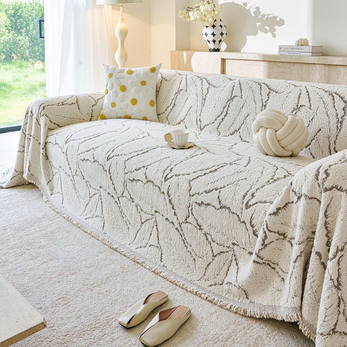 Boho Botanical Plush Sofa Throw Cover, Textured Leaf Pattern Slip Covers for Furniture