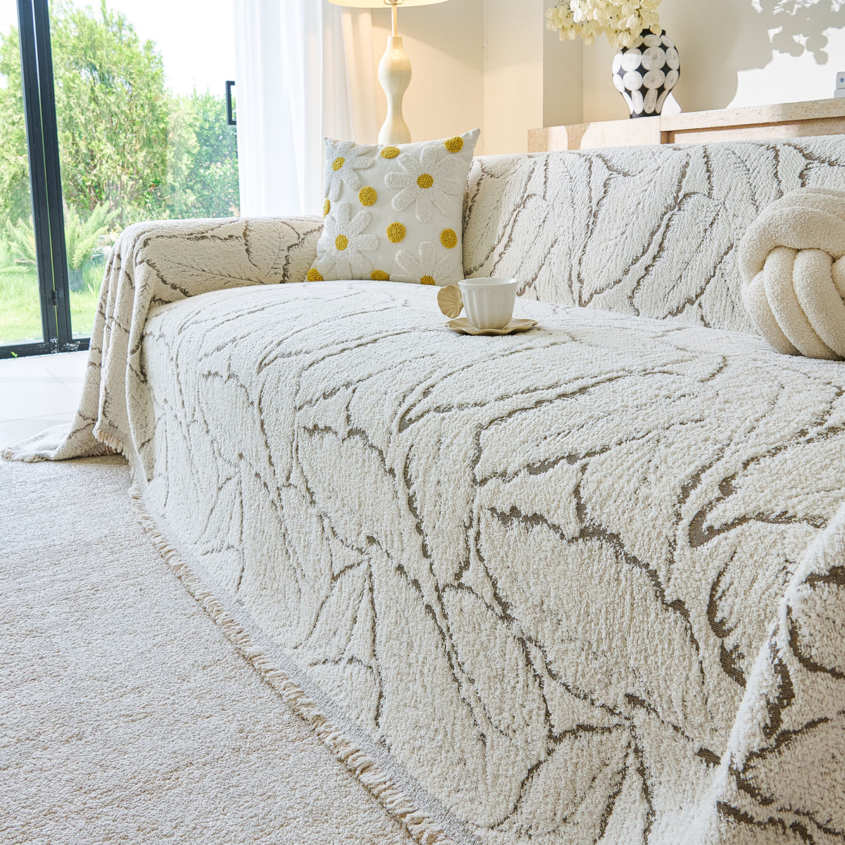 Boho Botanical Plush Sofa Throw Cover, Textured Leaf Pattern Slip Covers for Furniture