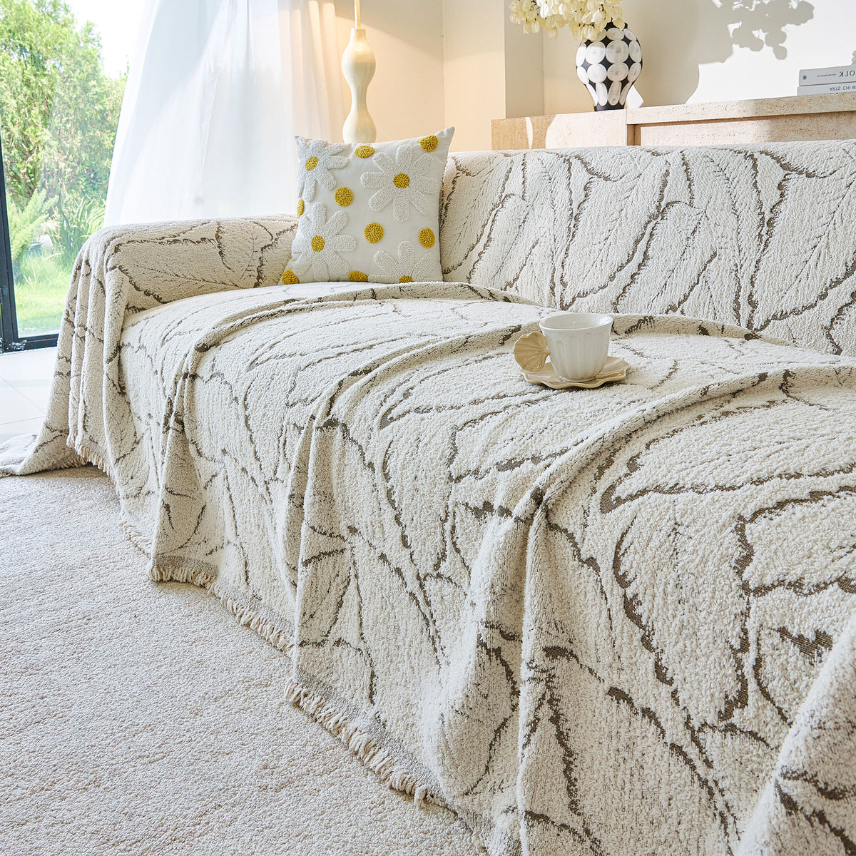 Boho Botanical Plush Sofa Throw Cover, Textured Leaf Pattern Slip Covers for Furniture