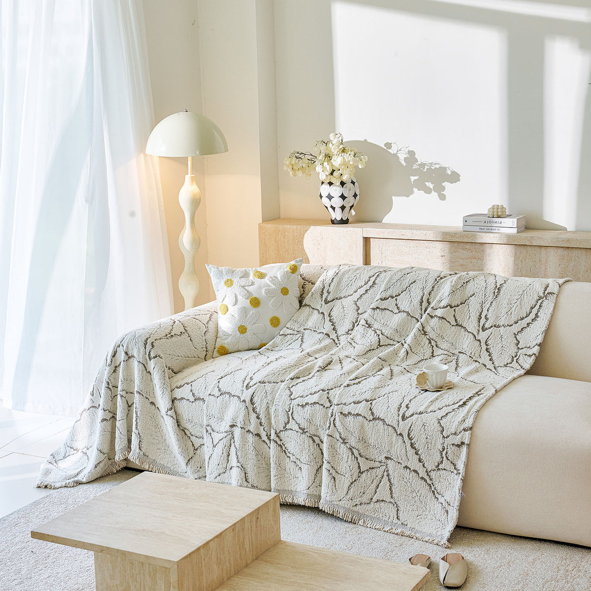 Boho Botanical Plush Sofa Throw Cover, Textured Leaf Pattern Slip Covers for Furniture